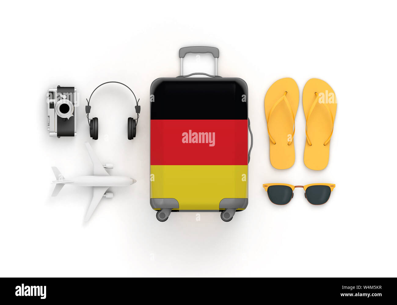 Bandiera della Germania valigia e accessori da viaggio posa piatto. 3D Render Foto Stock