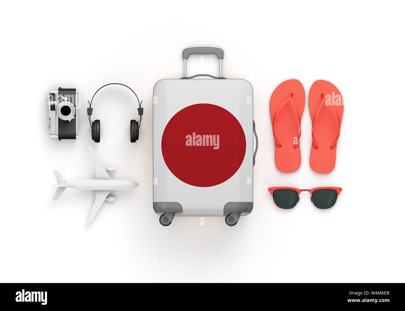 Bandiera del Giappone valigia e accessori da viaggio posa piatto. 3D Render Foto Stock