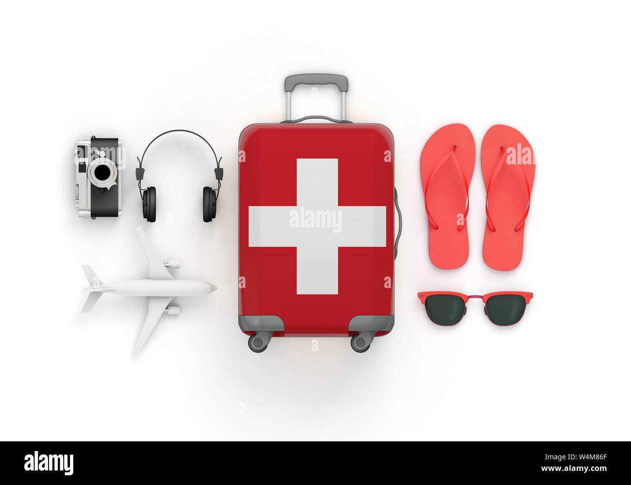 Bandiera della Svizzera la valigia e accessori da viaggio posa piatto. 3D Render Foto Stock Bandiera della Svizzera la valigia e accessori da viaggio posa piatto. 3D Render Foto Stock