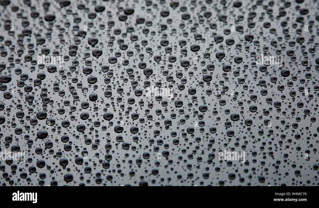 Le gocce di pioggia sulla superficie nera Foto Stock