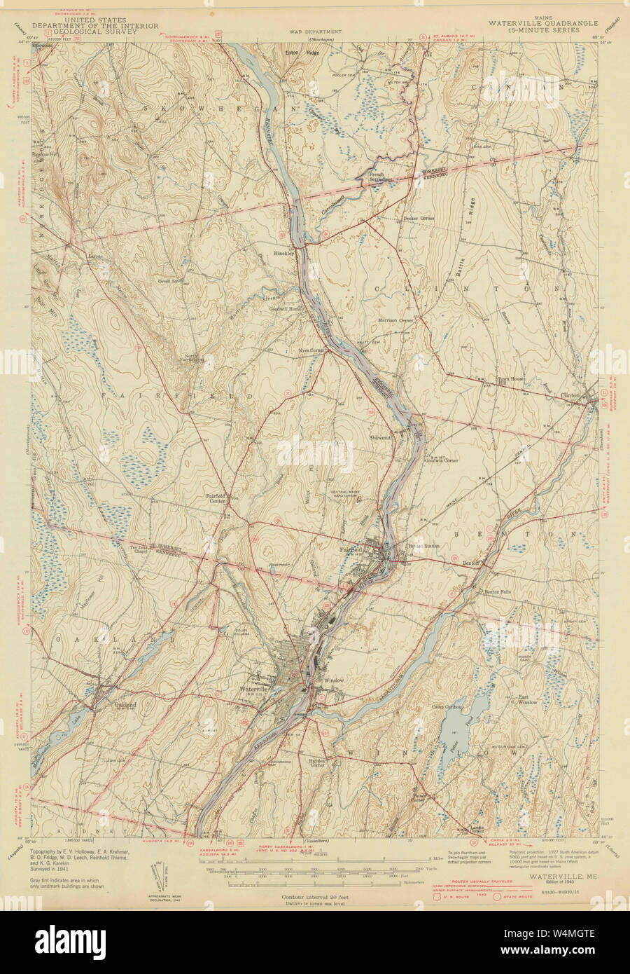 Maine USGS Mappa storica Waterville 306843 1943 62500 Restauro Foto Stock