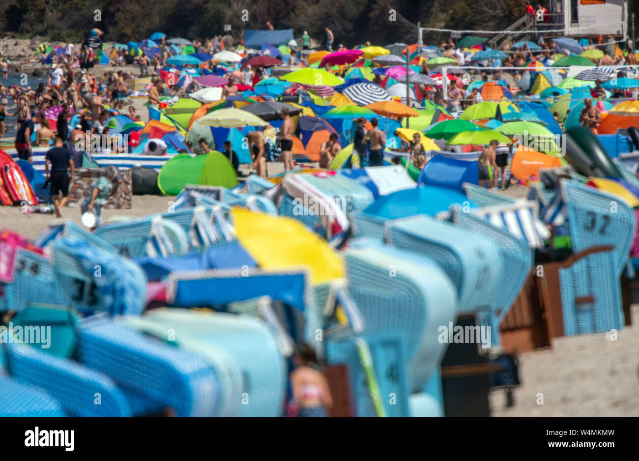 24 luglio 2019, Meclemburgo-Pomerania, Rerik: numerosi bagnanti per rilassarsi sulla spiaggia. Le elevate temperature estive fino a trenta gradi attrarre i turisti ed escursionisti a costa del Mar Baltico. Foto: Jens Büttner/dpa-Zentralbild/dpa Foto Stock