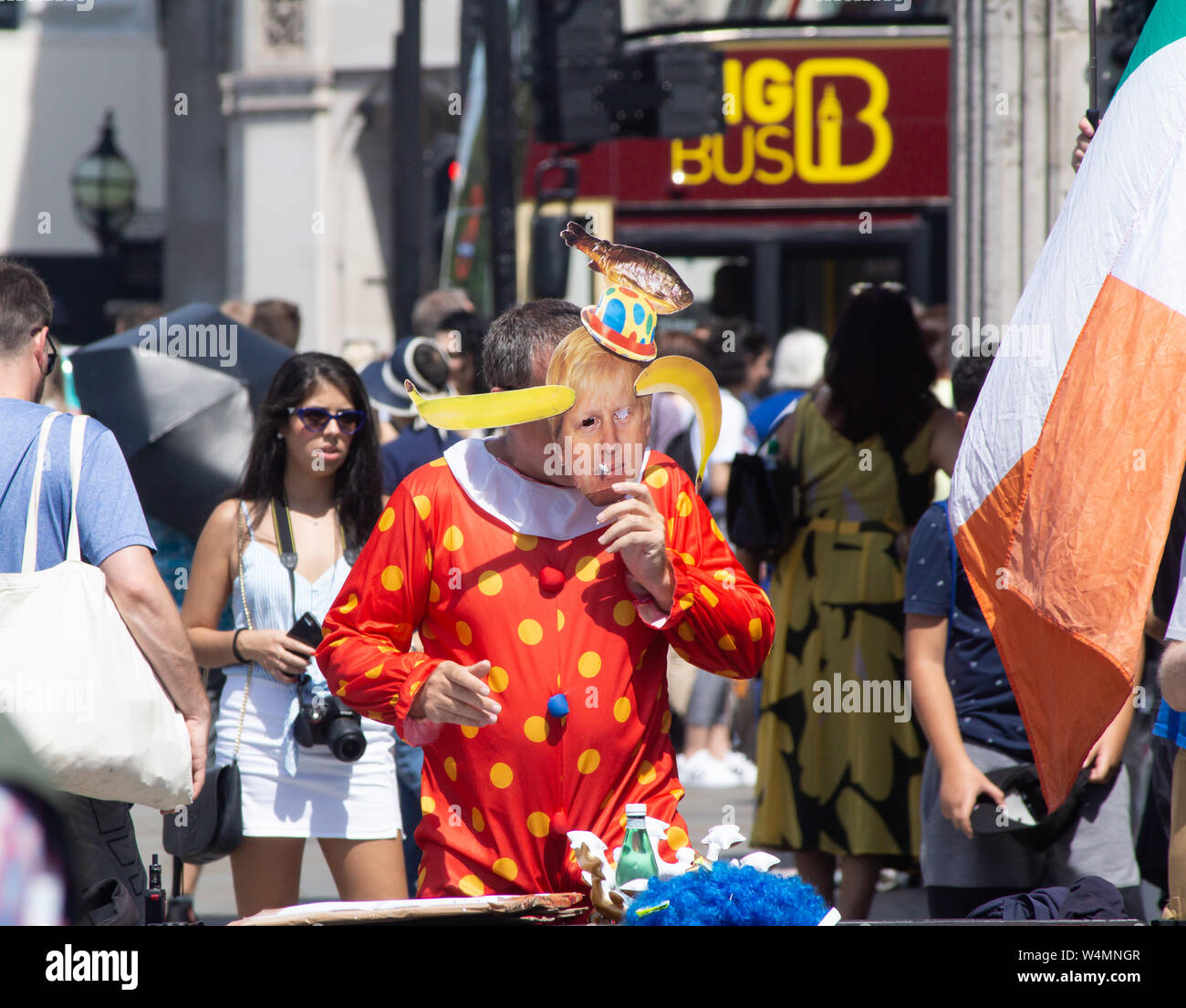 Westminster, Londra, UK Luglio 24th. Brexit anti e pro lasciare militanti e quelli contro Boris Johnson, il nuovo primo ministro, esprimere le loro opinioni in previsione delle dimissioni del Primo Ministro Theresa Maggio, e la nomina del suo successore Rt Hon Boris Johnson (Primo Ministro in attesa). Nella foto: 'Il Clown" un regolare esecutori al di fuori della sede del Parlamento. Credito: Bridget Catterall/Alamy Live News Foto Stock