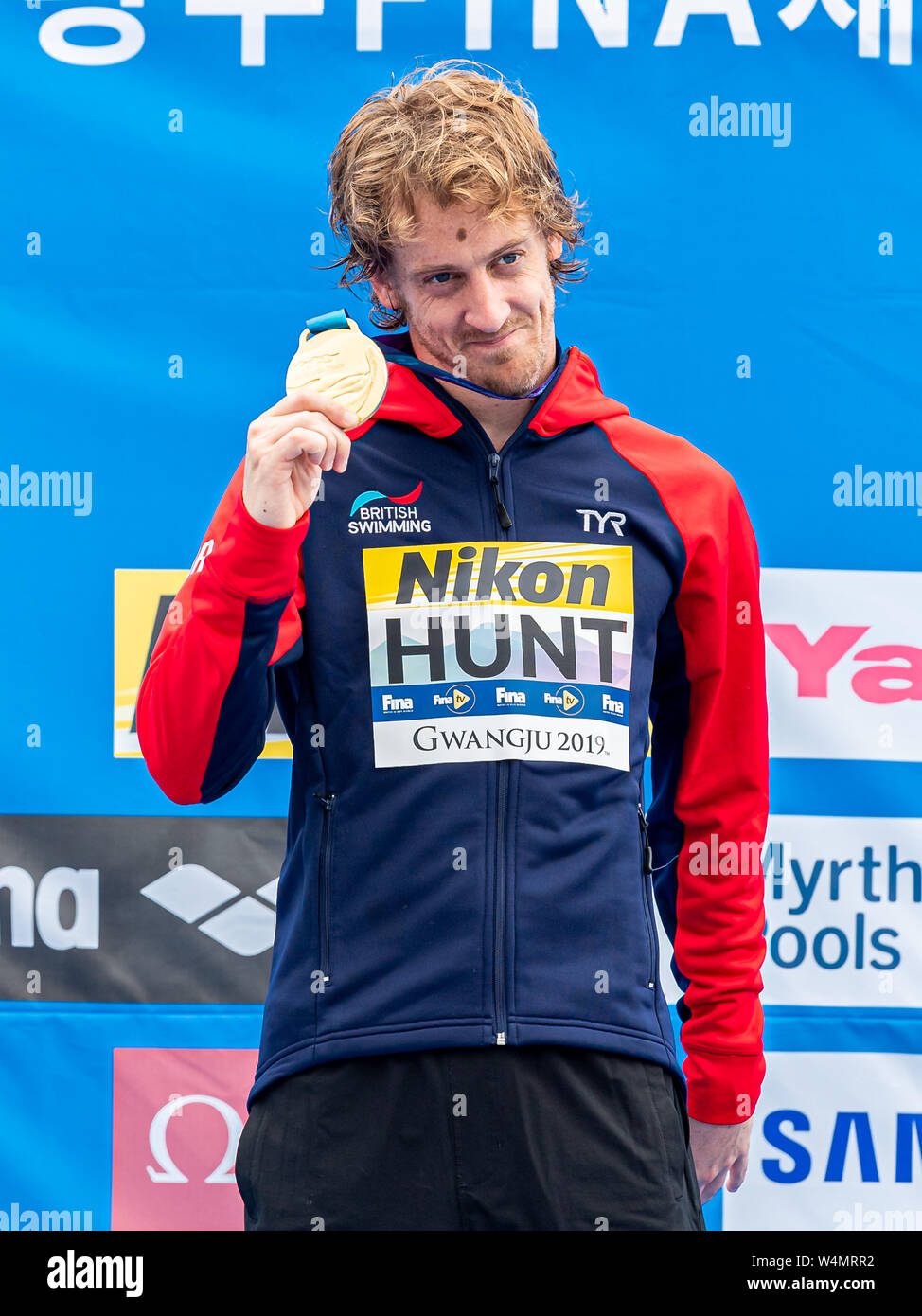 24 luglio 2019 Gwangju, Corea del Sud 18° Campionato Mondiale di Aquatica della FINA 24-07-2019: Zwemmen: High Diving Men Final: Gwangju HUNT Gary GBR GREAT BRITAIN Gold Medal Gwangju Corea del Sud 24/07/2019 High Diving Men Final 18° Campionato Mondiale di Aquatica della FINA Università di Chosun Foto Stock