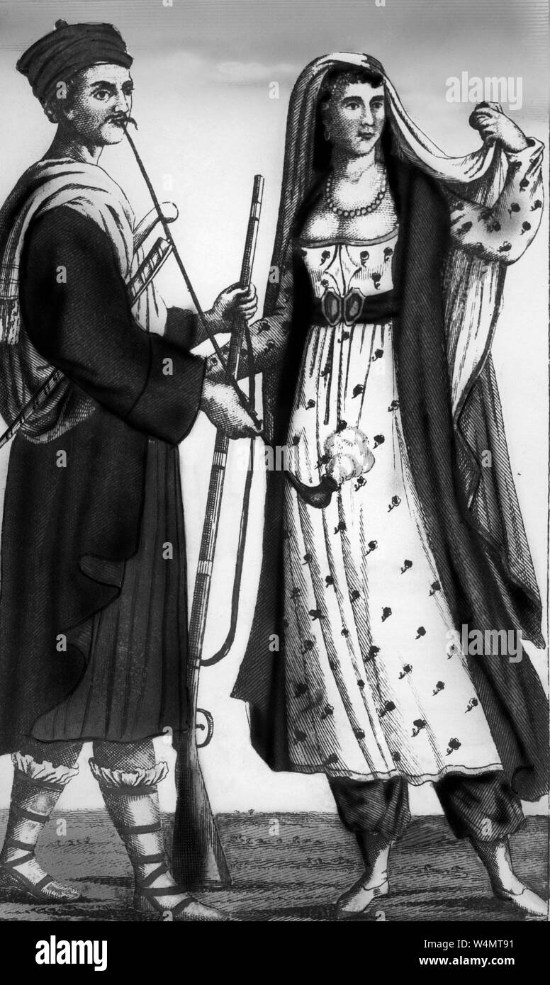 Uomo albanese e la donna costumi in un ritardo di incisione del XVIII secolo Foto Stock