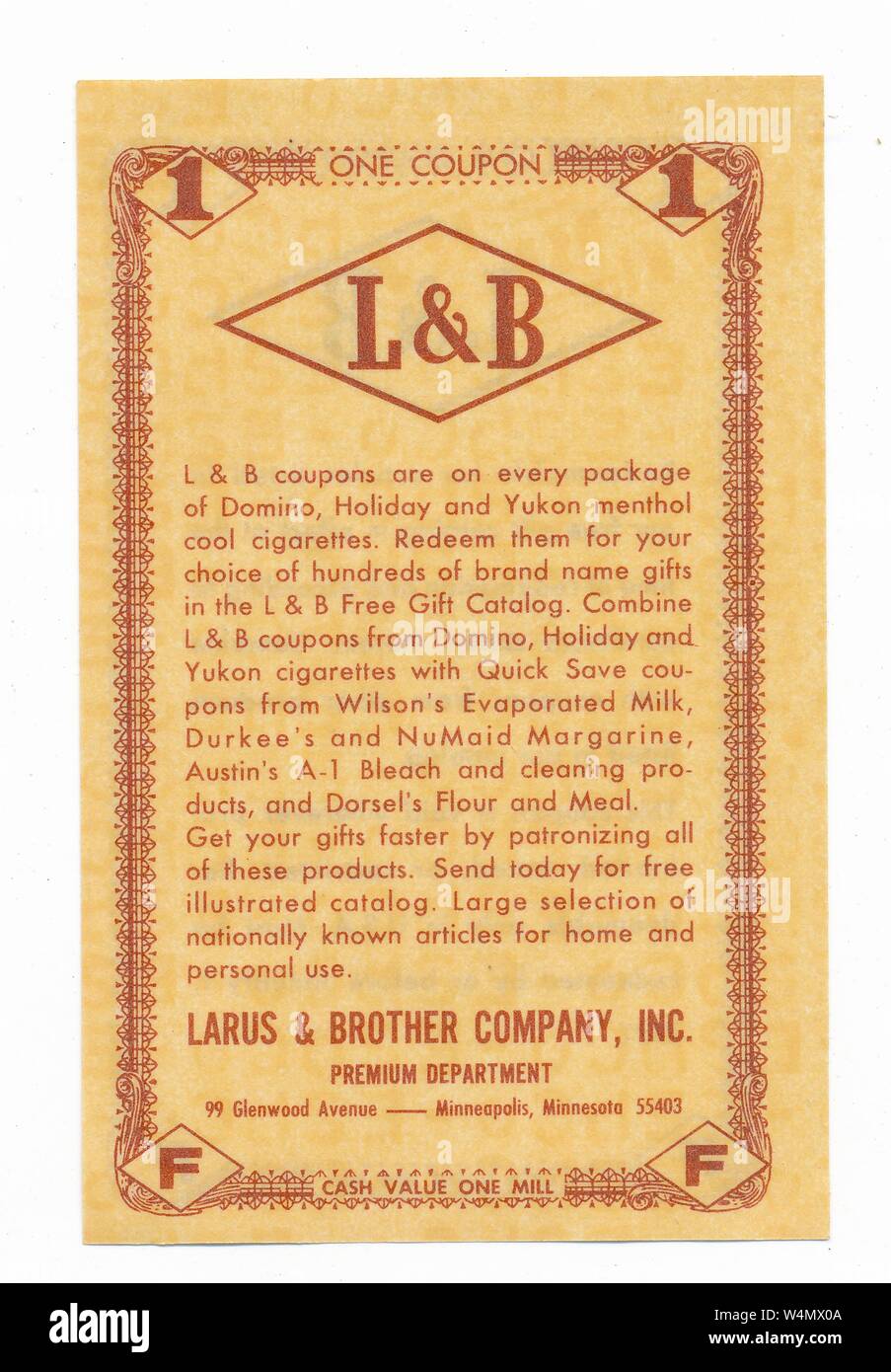 Uno "L e B' coupon dal retro di un pacchetto di sigarette, rilasciati dalla Larus e Fratello Company, Minneapolis, Minnesota, 1965. () Foto Stock