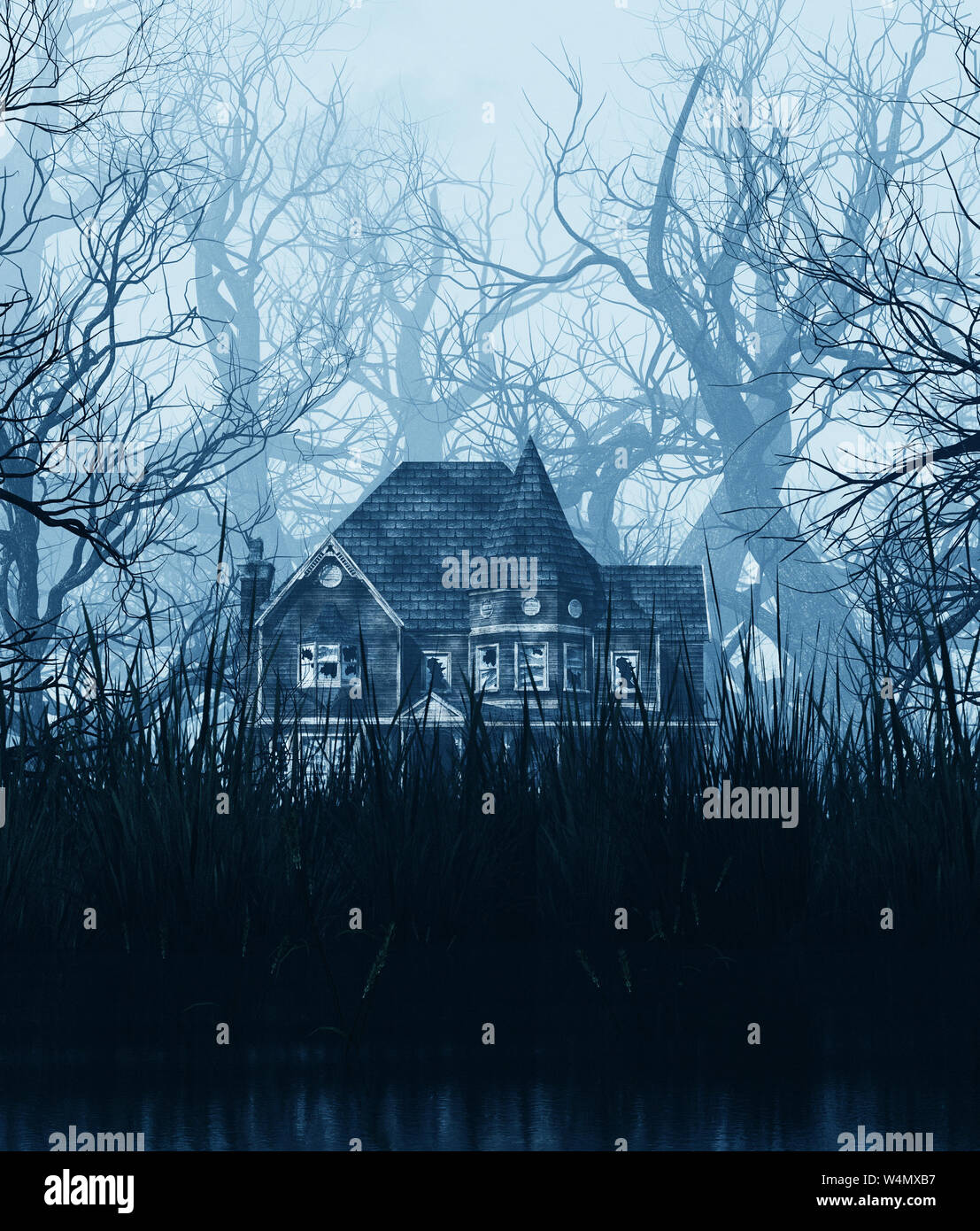 Haunted House in scena a creepy forest,3d illustrazione Foto Stock