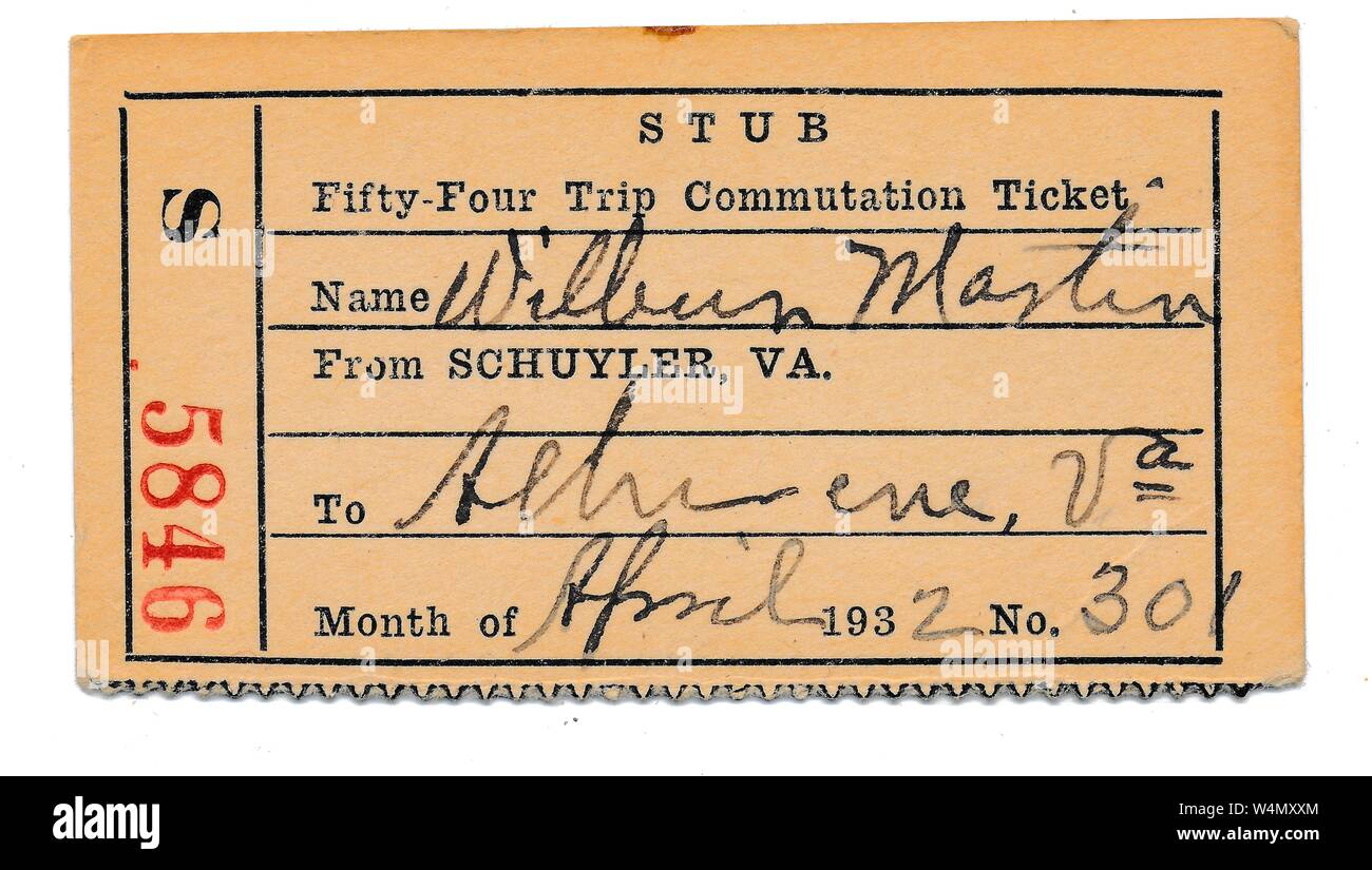 Vintage 'Fifty-Four viaggio biglietto di commutazione' stub, rilasciato al passeggero William Martin, per viaggi di andata e ritorno tra Schuyler, Virginia e Alberene, Virginia, aprile 1932. () Foto Stock