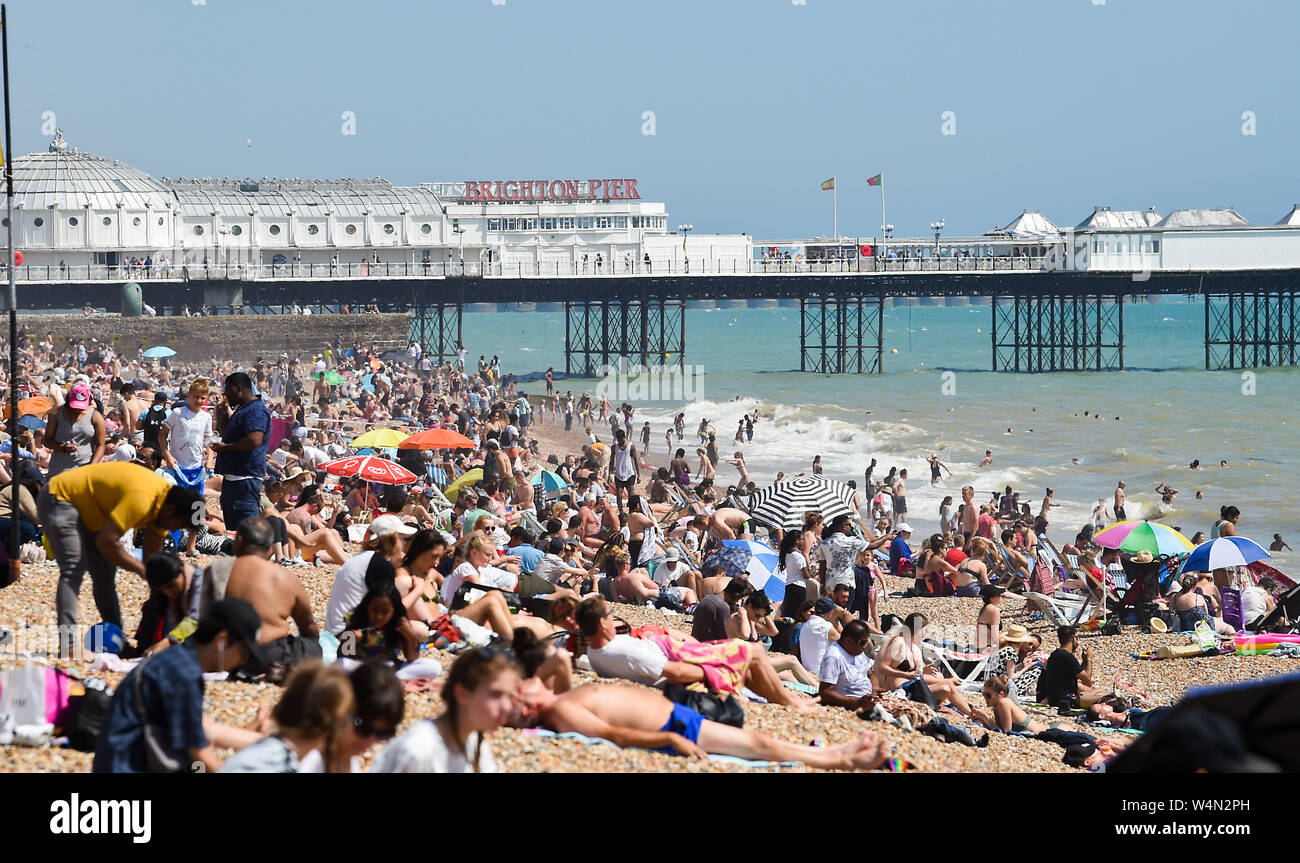 Brighton Regno Unito 24 luglio 2019 - la spiaggia di Brighton è impaccato nuovamente come il caldo clima soleggiato in tutta la Gran Bretagna continua. L'ondata di caldo in condizioni meteo per continuare domani e le temperature sono attesi per colpire i nuovi record con esso di raggiungere alte come 39 gradi Celsius a Londra . Credito: Simon Dack / Alamy Live News Foto Stock