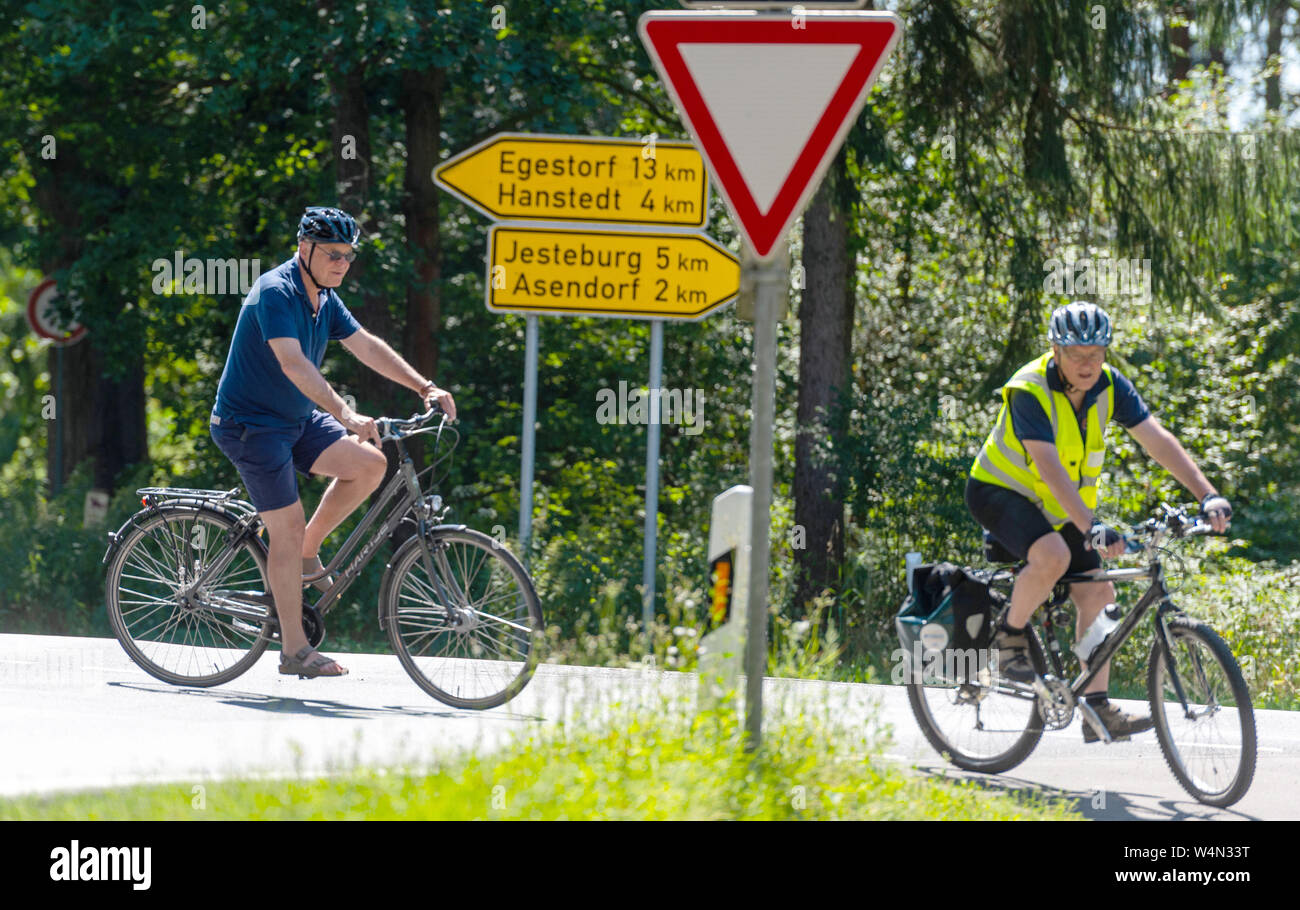 Hanstedt, Germania. Il 24 luglio, 2019. Stephan Weil (SPD, l), il primo ministro del Land della Bassa Sassonia, vanno in bicicletta con i membri del tedesco di ciclismo club Harburg. Credito: Philipp Schulze/dpa/Alamy Live News Foto Stock