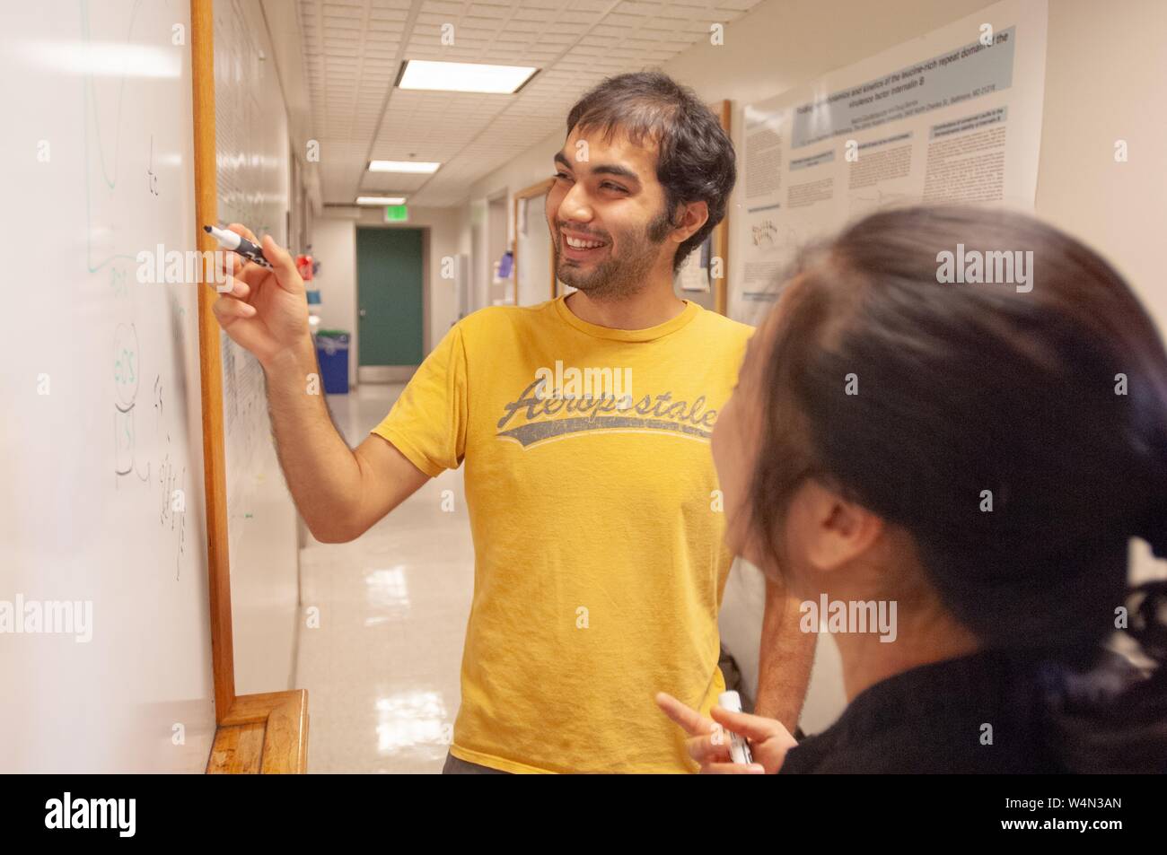 Close-up di due studenti in Thomas C Jenkins Dipartimento di Biofisica presso la Johns Hopkins University di Baltimore, Maryland, lavorando su un corridoio whiteboard, luglio 22, 2008. Dall'Homewood raccolta di fotografie. () Foto Stock