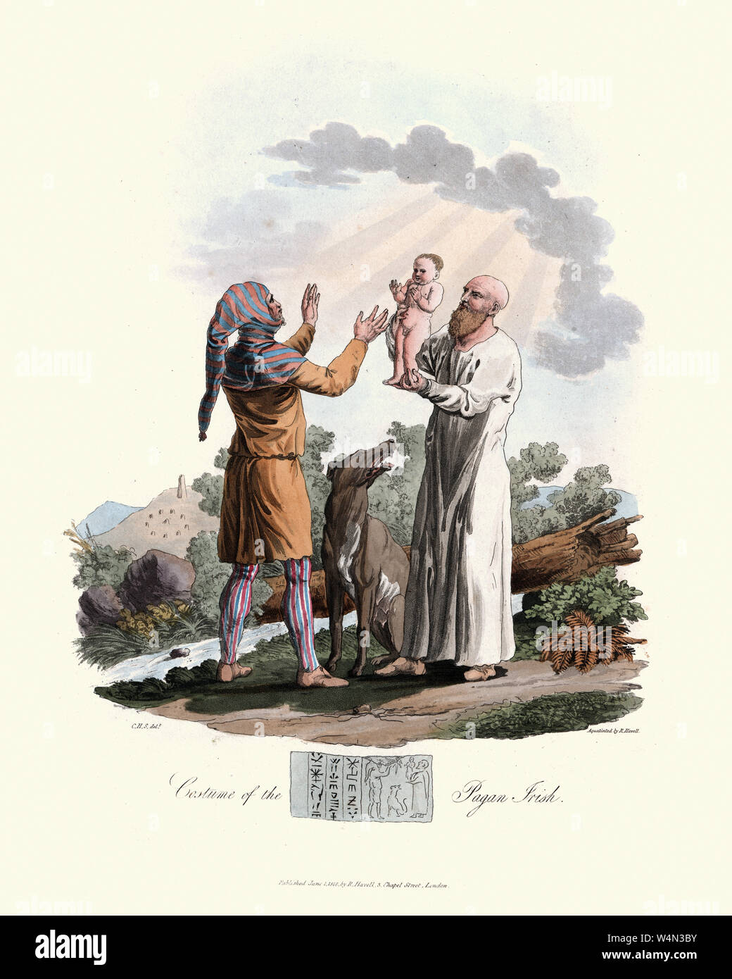 Vintage incisione di costumi del pagano irlandese. 1815, il costume degli abitanti originari delle isole britanniche, da MEYRICK, Samuel Rush e SM Foto Stock