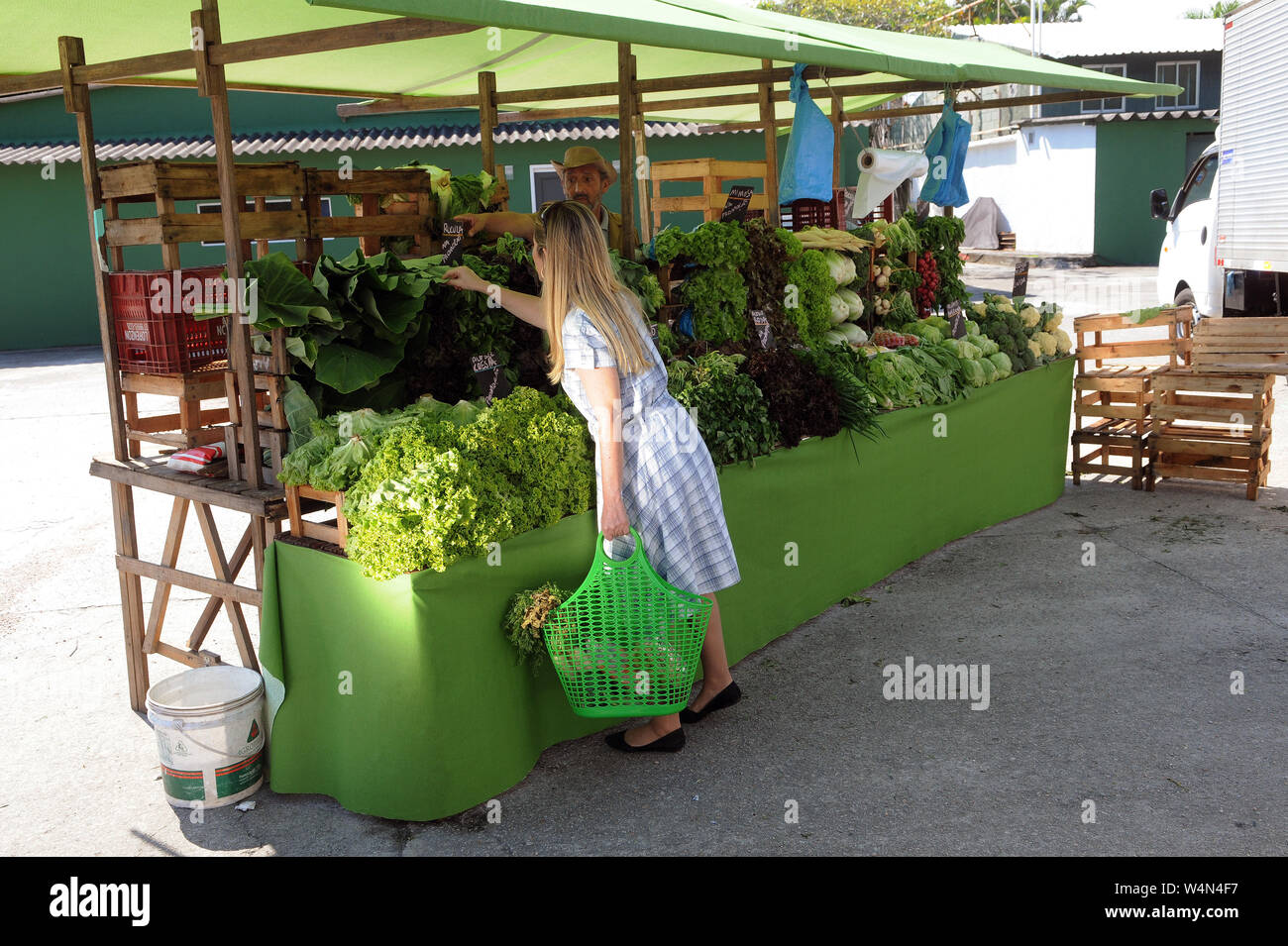Rio de Janeiro, Brasile, 22 aprile 2018. Verdure esposte e vendute alla fiera della piazza di Ó nel quartiere di barra da Tijuca in t Foto Stock