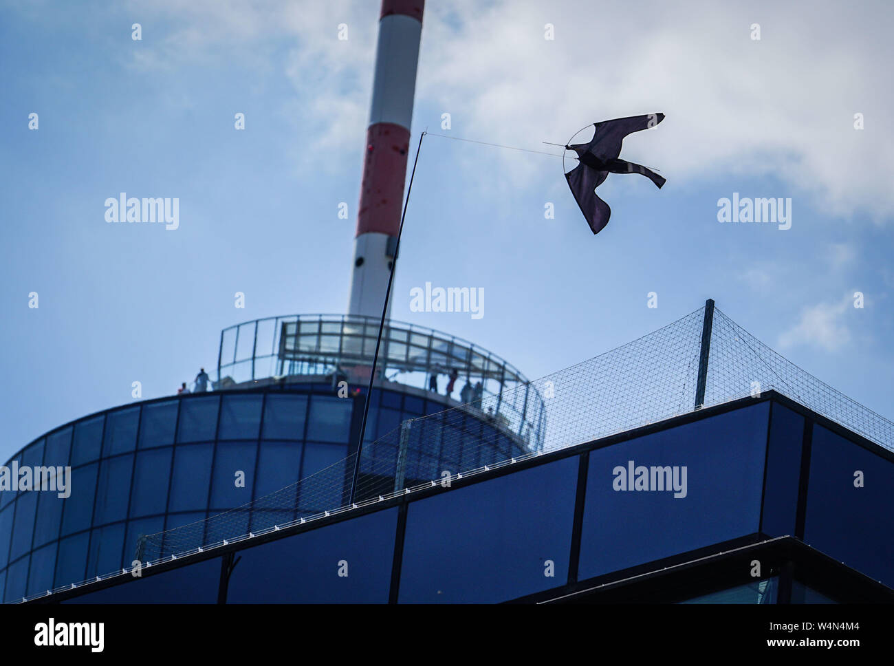 24 luglio 2019, Assia, Frankfurt/Main: nella forma di un uccello da preda, un panno dragon pende da una piccolo montante sul tetto di uno dei grattacieli di Francoforte per spaventare ed allontanare le colombe. Foto: Frank Rumpenhorst/dpa Foto Stock