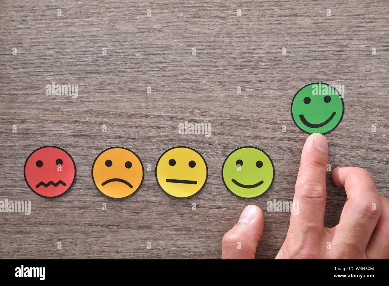 Puntamento a mano un livello di soddisfazione positivo rappresentato con le emoticon colorate sul tavolo di legno. Composizione orizzontale. Vista dall'alto. Foto Stock