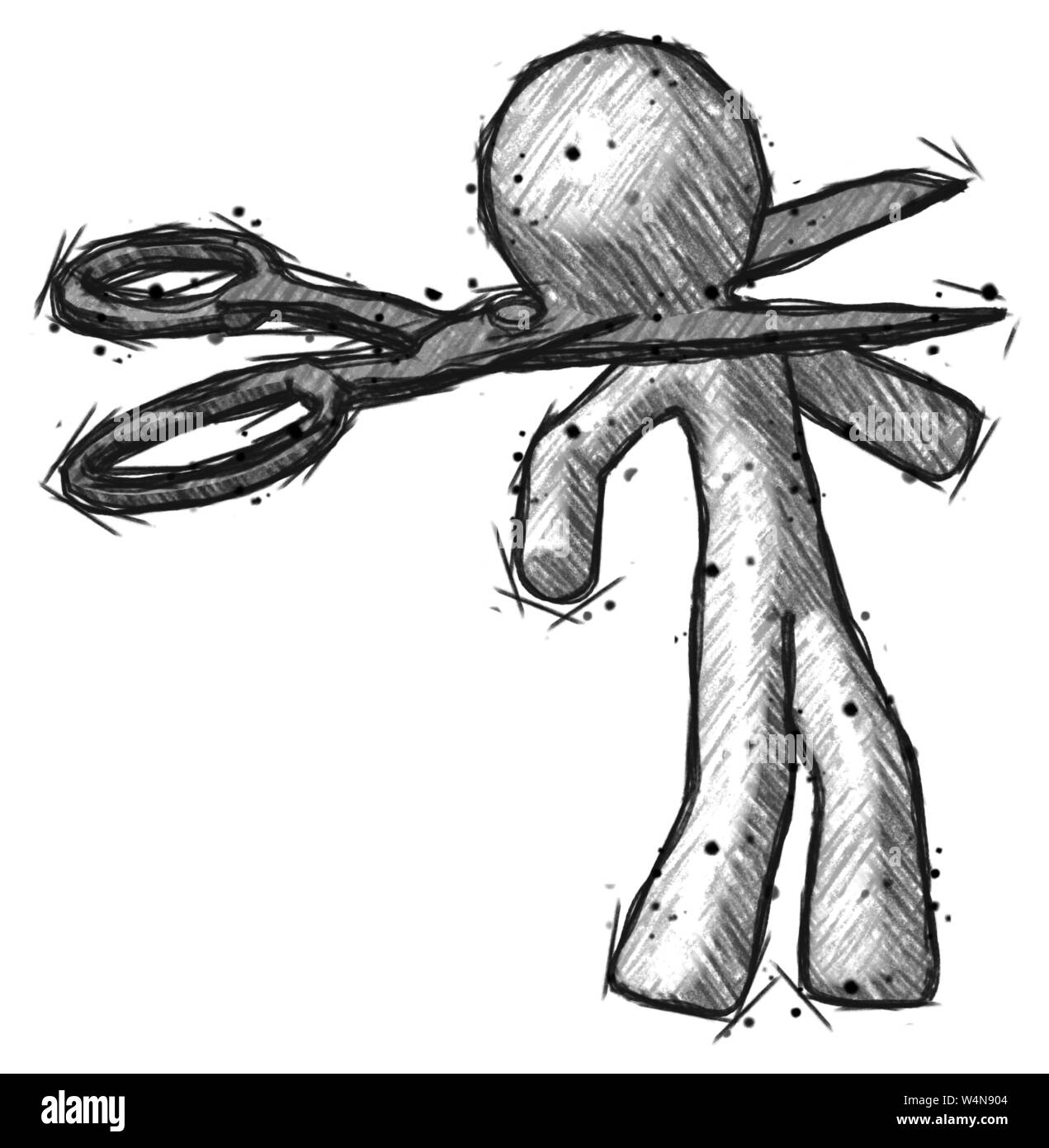 Schizzo design mascotte forbice uomo decapitazione lavoratore di ufficio esecuzione. Foto Stock