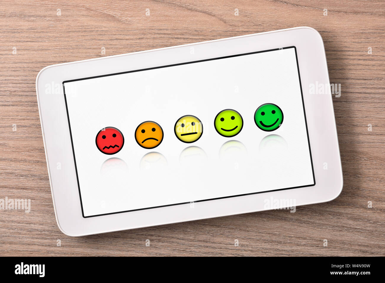 Soddisfazione dei livelli di rappresentazione con le emoticon su bianco tablet schermo sul tavolo di legno vicino. Composizione orizzontale. Vista dall'alto. Foto Stock