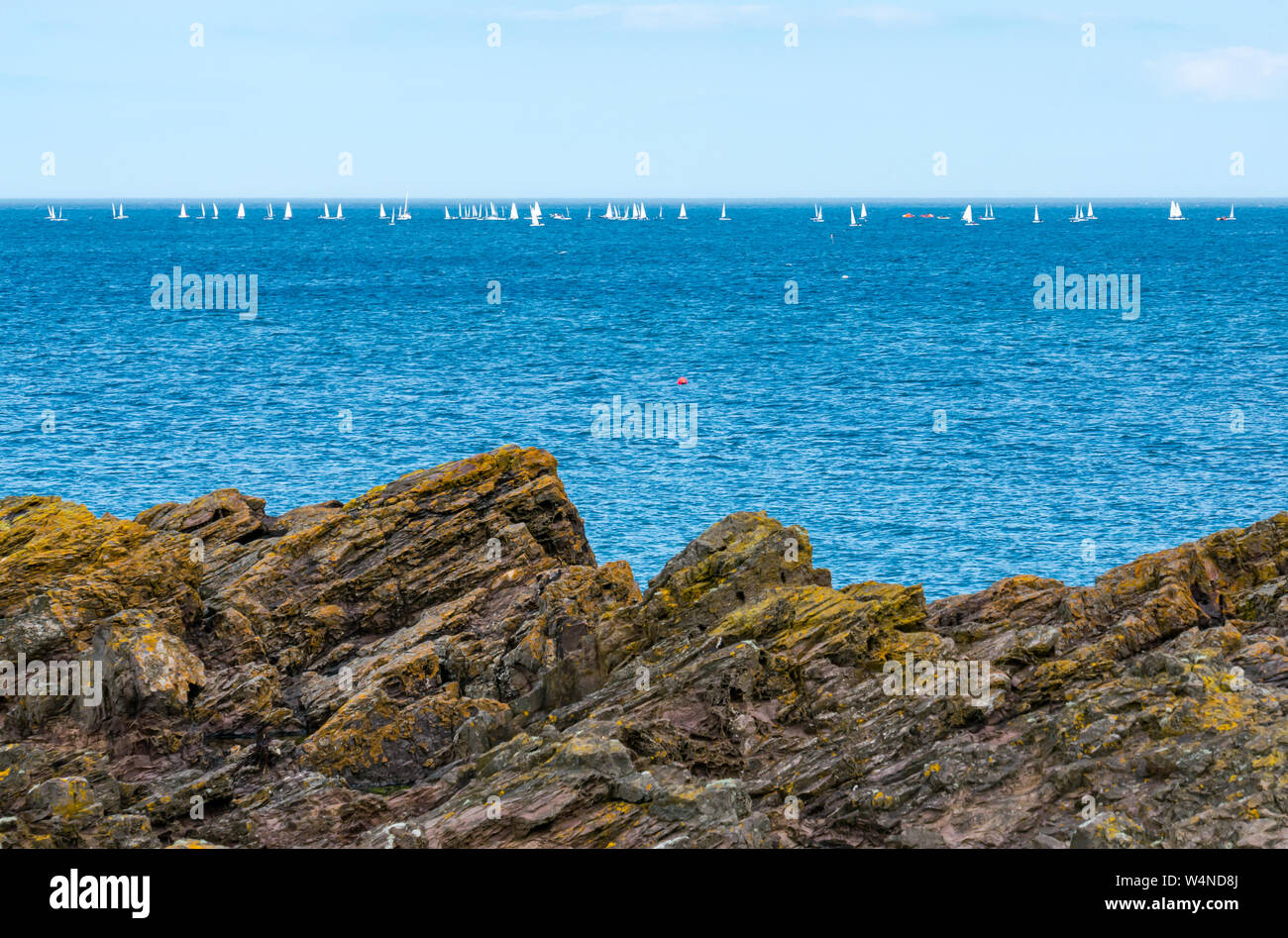 A North Berwick, East Lothian, Scozia, Regno Unito, 24 luglio 2019. RS Aero Challenge Cup: East Lothian Yacht Club ospita la regata a vela con 80 derive in lizza per un handicap Challenge Cup davanti della UK National & International Open Championship che si svolge su 4 giorni. Il Derive gara intorno al corso nel Firth of Forth Foto Stock