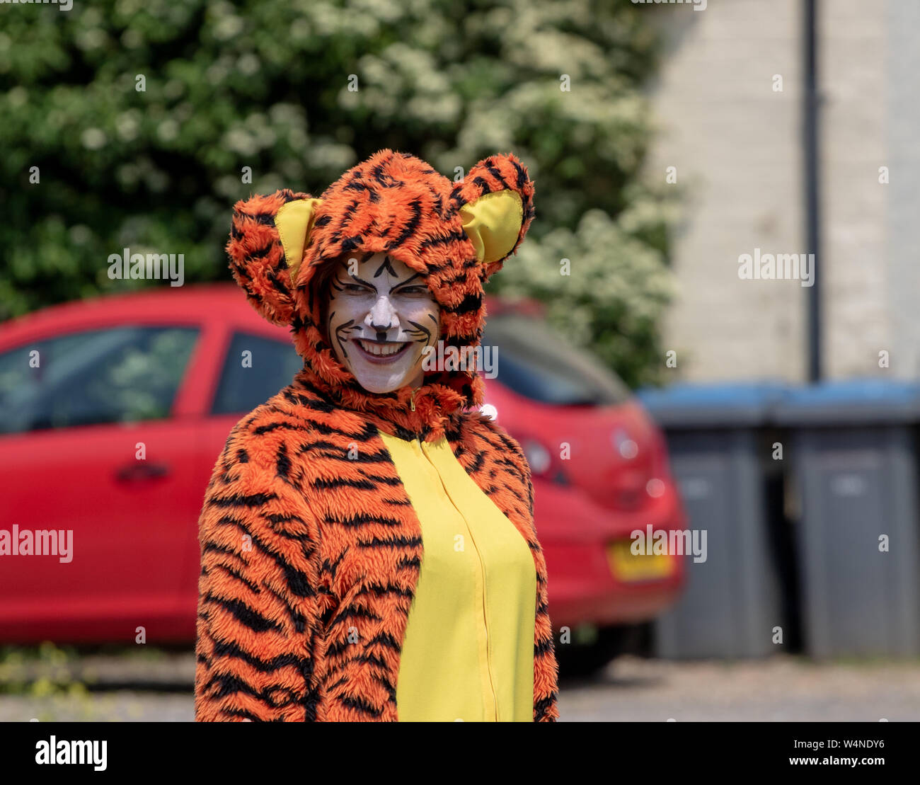 Donna in tiger onesie e make up guardando a sinistra Foto Stock