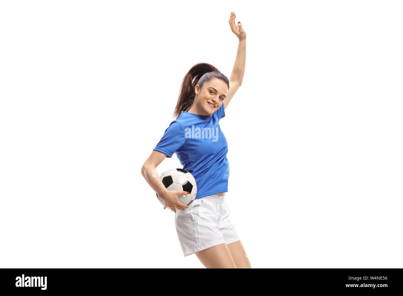 Calcio femminile player jumping isolati su sfondo bianco Foto Stock