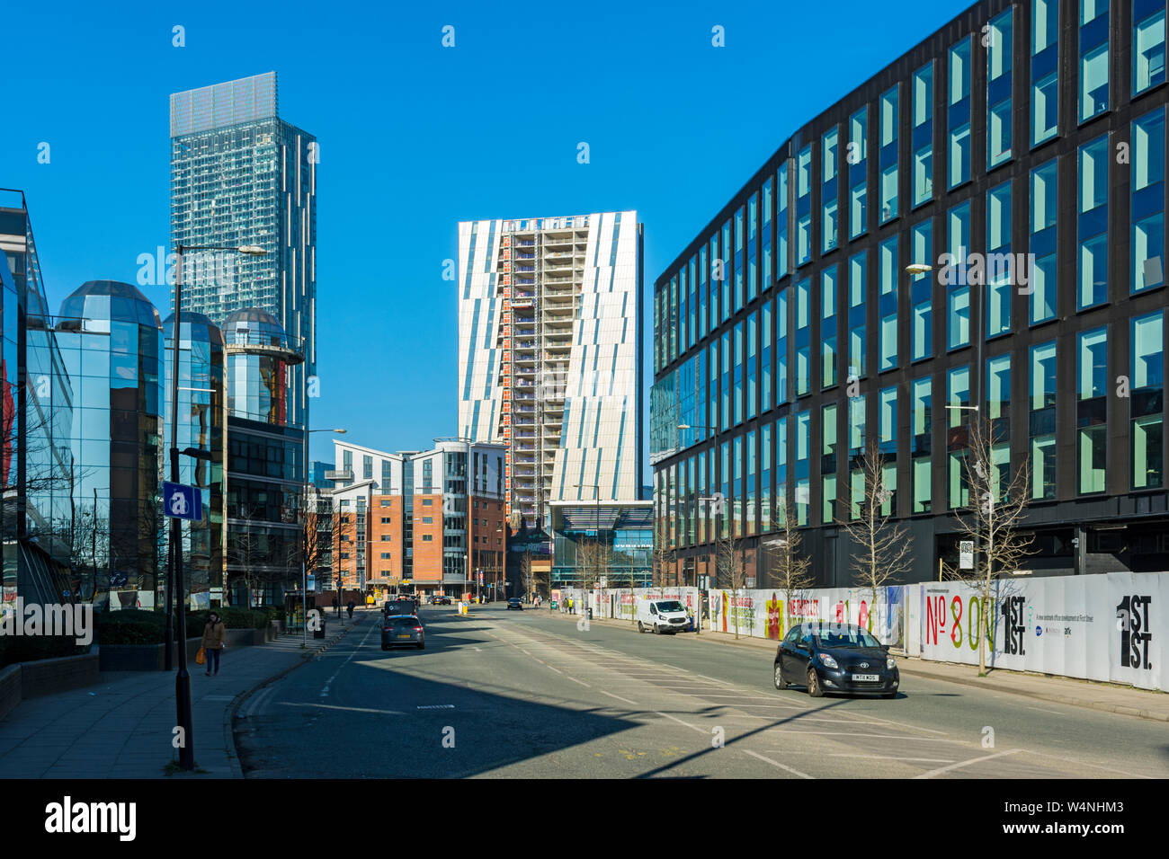 Il No.1 City Road building, Beetham Tower, Ropeworks appartamenti, asse Tower e il No.8 Prima Strada di edifici da Medlock Street, Manchester, Regno Unito Foto Stock