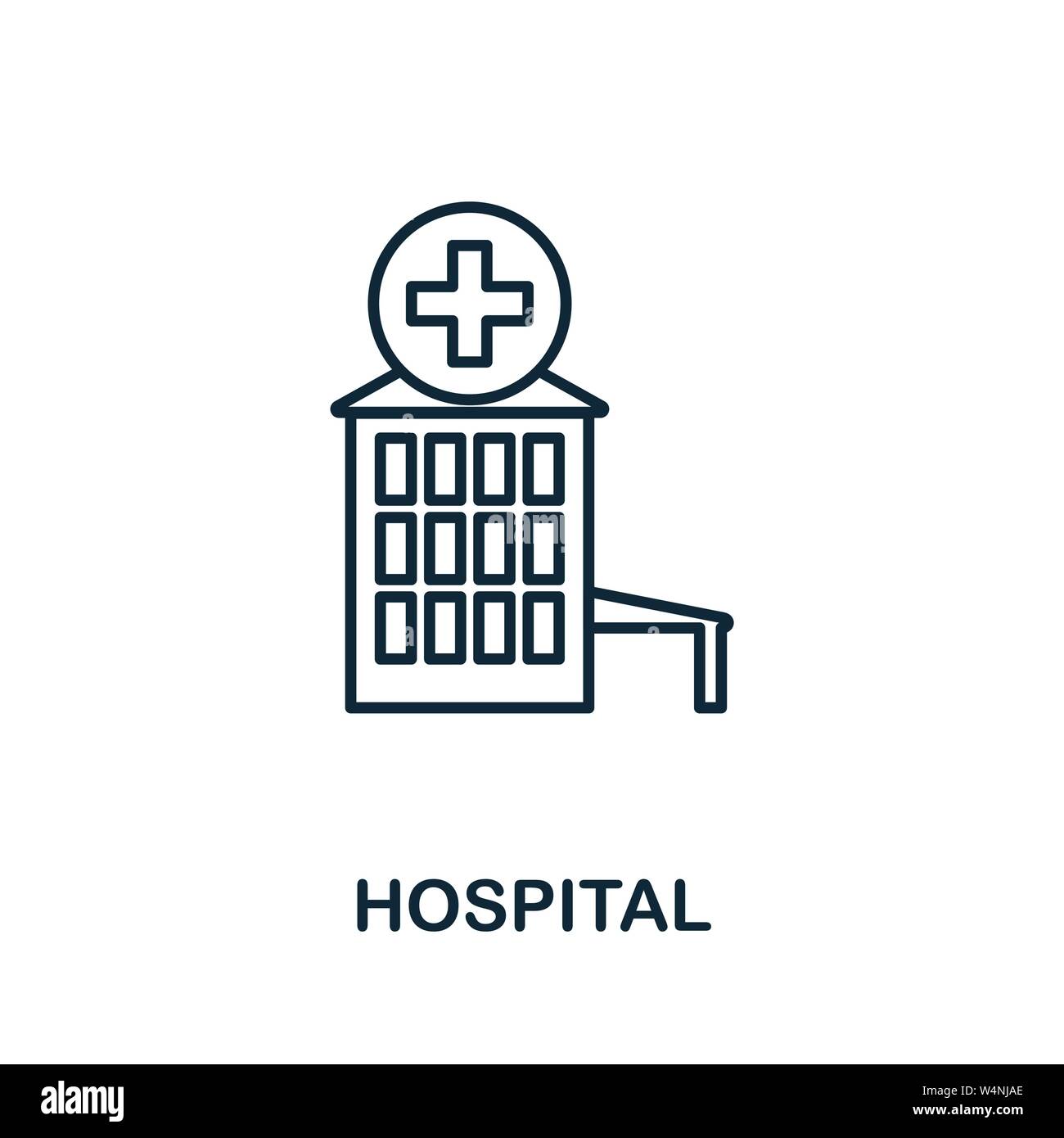 Ospedale icona di contorno. Stile sottile design da elementi della città raccolta di icone. Pixel simbolo perfetto dell'icona dell'ospedale. Web design, applicazioni software, stampare Illustrazione Vettoriale