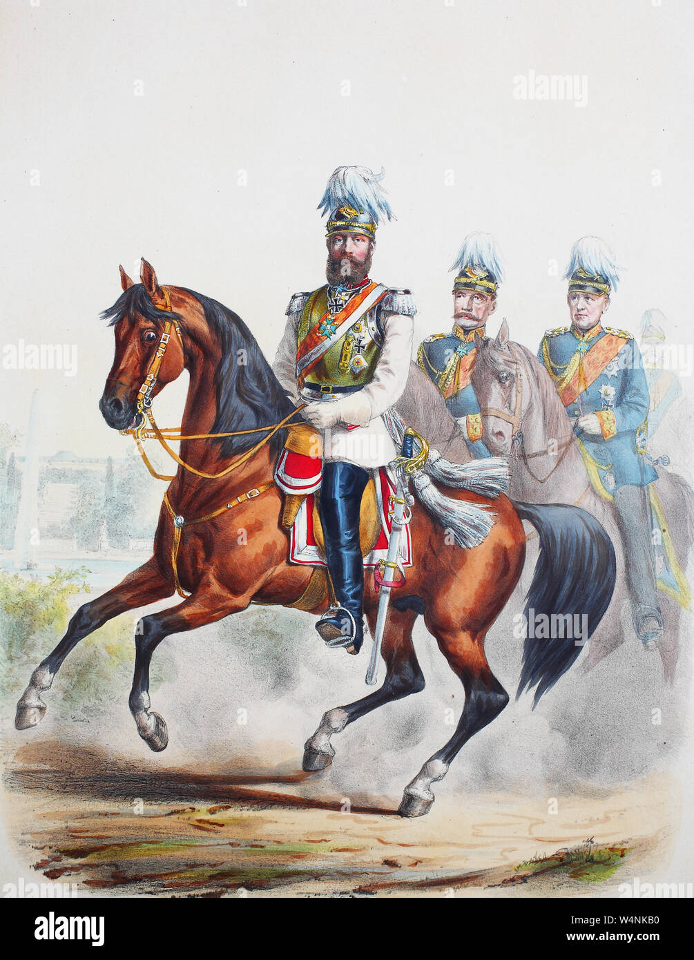 Royal esercito prussiano, Corpo delle guardie, Frederick III., era tedesco imperatore e re di Prussia insieme con Helmuth Karl Bernhard Graf von Moltke e Albrevht Theodor Emil von Roon. Preußens Heer, Friedrich III., mit vollem Namen Friedrich Wilhelm Nikolaus Karl von Preußen mit Helmuth Karl Bernhard Graf von Moltke und Albrecht Theodor Emil von Roon, preußischer Generalfeldmarschall, digitale migliorata la riproduzione di un'illustrazione del XIX secolo Foto Stock