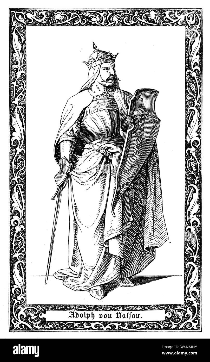 Adolf della Germania, conte di Nassau da circa 1276 ed eletto re di Germania dal 1292 fino alla sua deposizione per il principe-elettori nel 1298. Adolf von Nassau, 1250-1298, Adelsgeschlecht der Nassauer guerra von 1292 bis 1298 römisch-deutscher König., digitale migliorata la riproduzione di un'illustrazione del XIX secolo Foto Stock