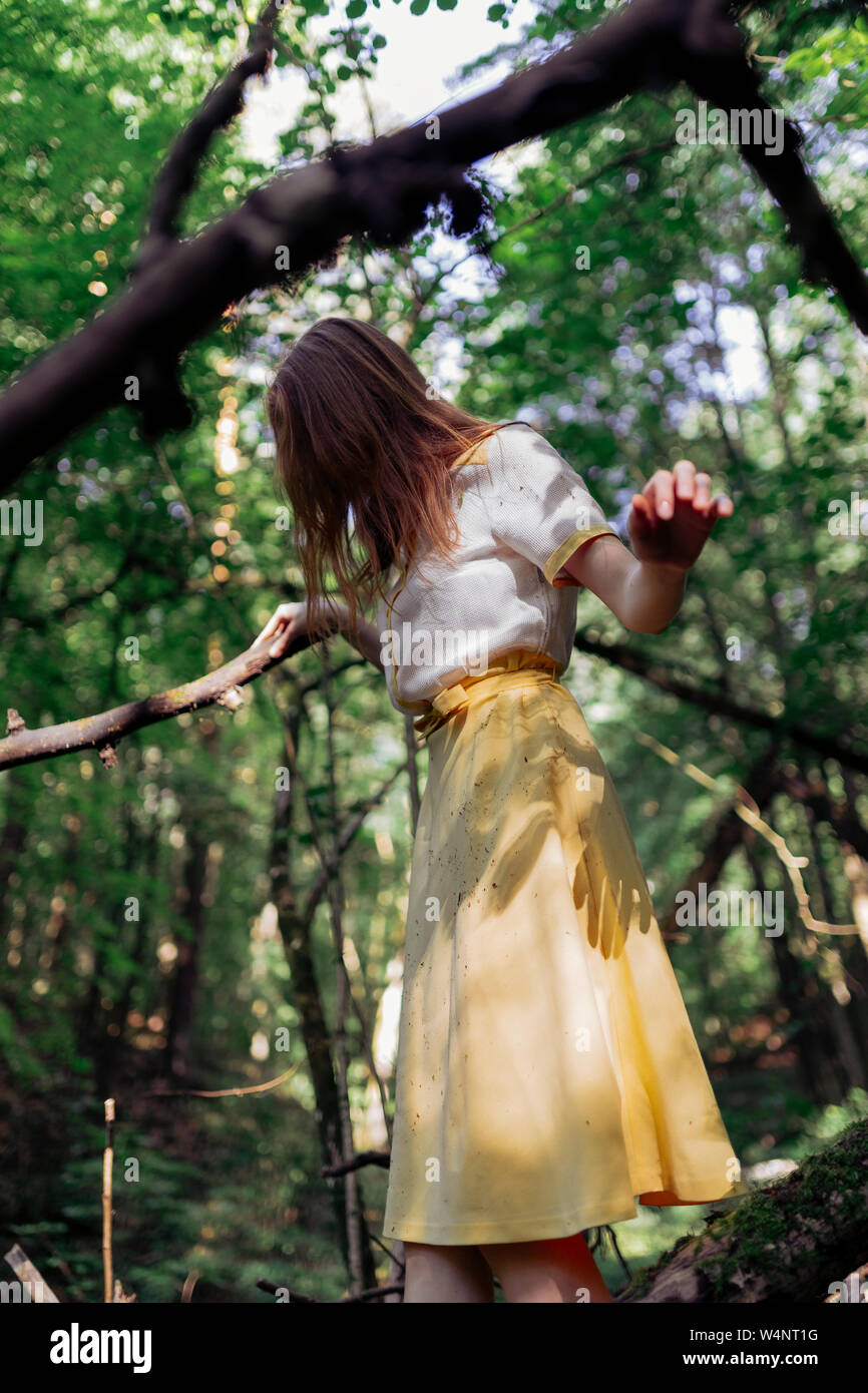 La donna in un abito in piedi nei boschi in una struttura ad albero Foto Stock