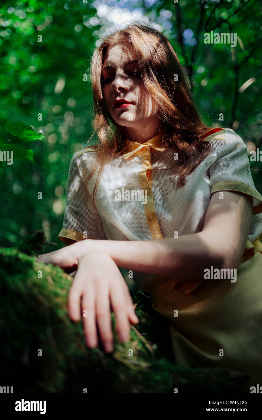 Ritratto di una donna seduta su un albero nella foresta Foto Stock