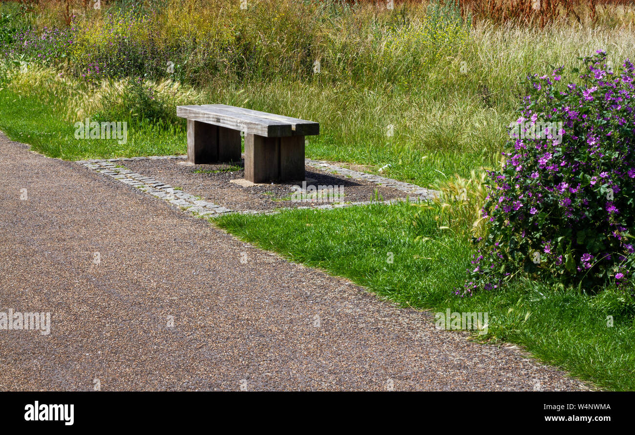 Svuotare panca in legno sul lato di una strada vicino a un prato Foto Stock