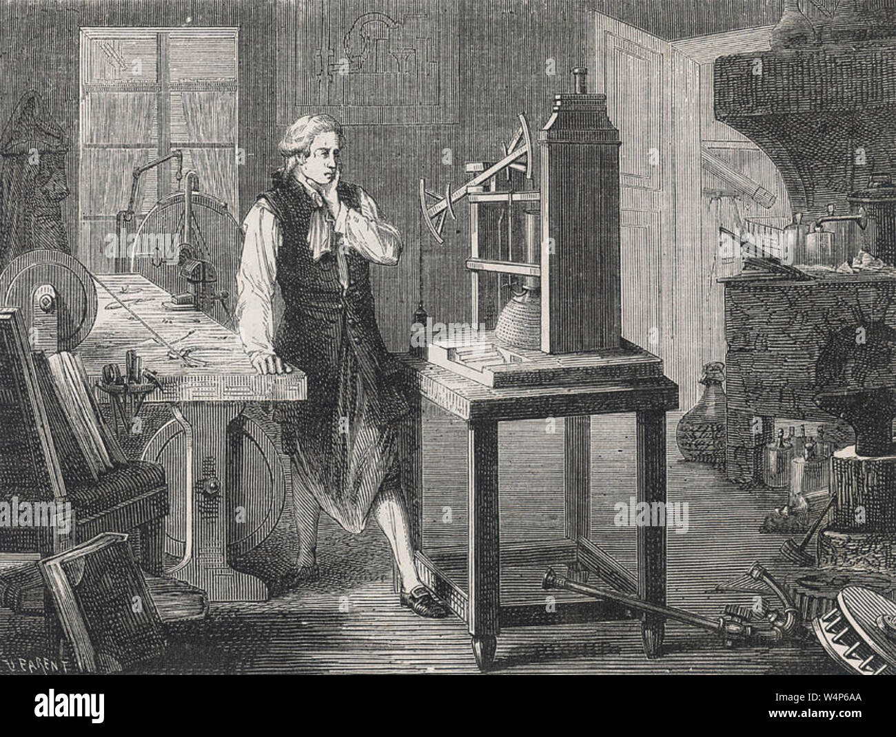 JAMES WATT (1736-1819) inventore scozzese riflettendo su un modello di Thomas Newcomen il motore di vapore Foto Stock