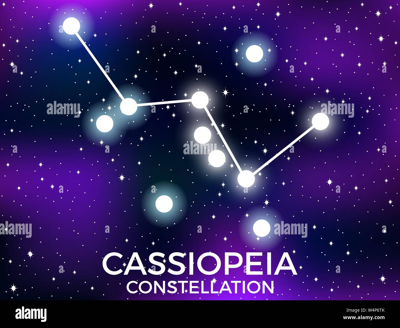 Costellazione di Cassiopeia. Cielo stellato. Cluster di stelle e galassie. Spazio profondo. Illustrazione Vettoriale Illustrazione Vettoriale