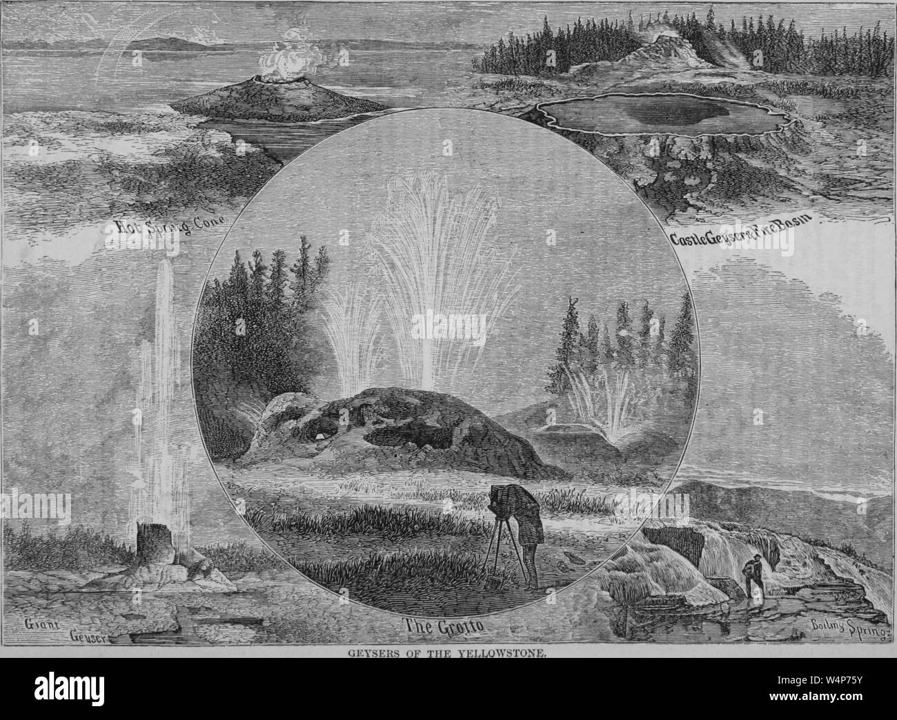 Incisione di Yellowstone geyser, primavera calda cono, Castle Geyser e bacino antincendio, geyser gigante, e Grotto Geyser, dal libro "pacifico" turistici da Henry T. Williams, 1878. La cortesia Internet Archive. () Foto Stock