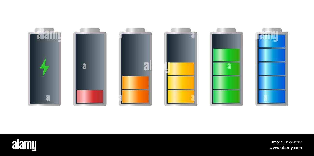 Livello dell'indicatore di carica della batteria da alta a bassa potenza  impostato con l'icona di ricarica. La batteria è scarica e completamente  carica, indicando i cilindri rosso arancione giallo blu verde. Illustrazione