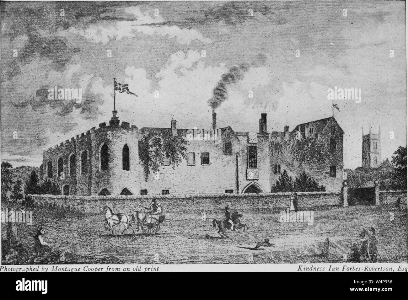 Incisione del castello a Taunton in Taunton, Somerset, Inghilterra, dal libro "città del New England e la vecchia Inghilterra, Irlanda e Scozia " dallo Stato Street Trust Company e Allan Forbes, 1920. La cortesia Internet Archive. () Foto Stock