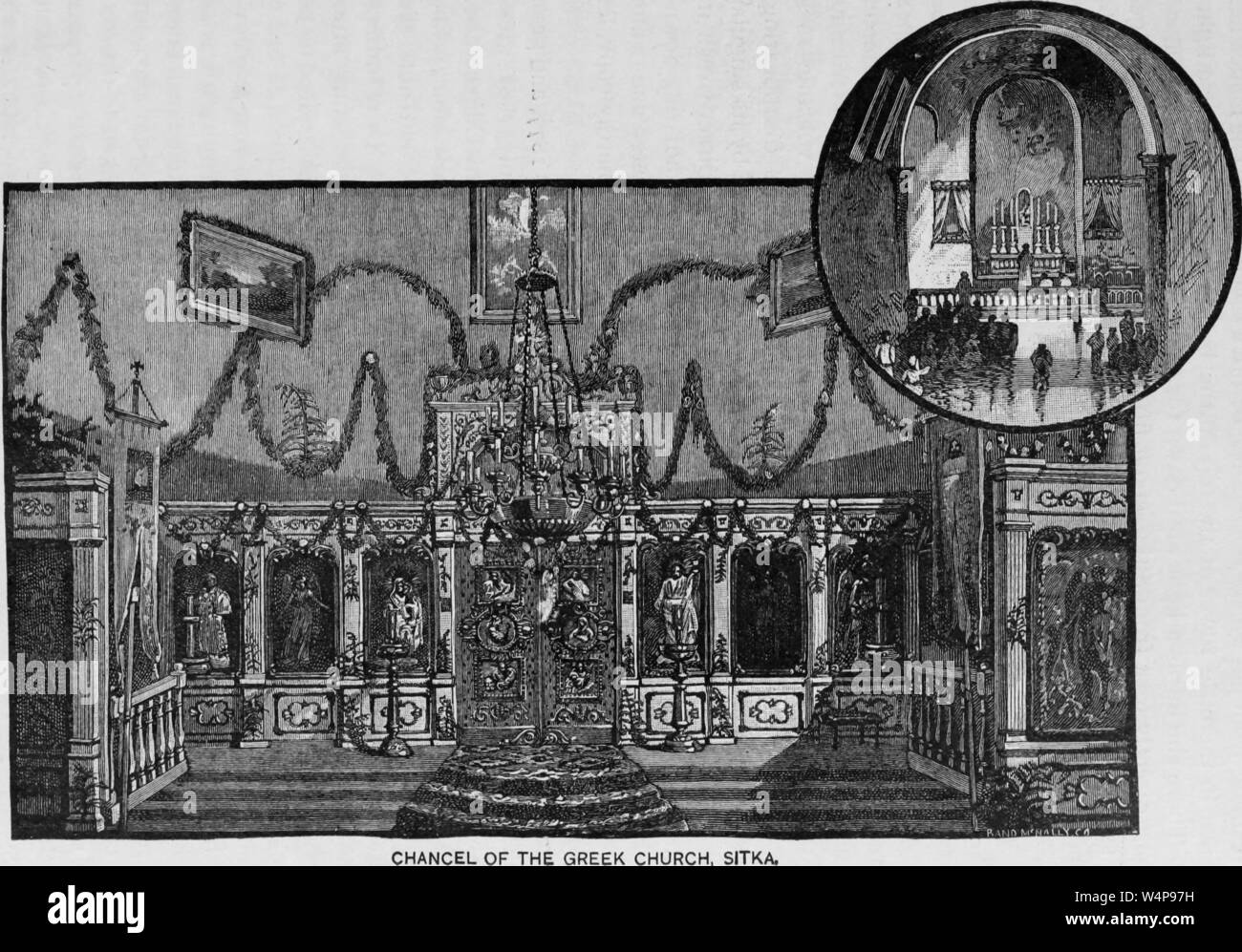 Incisi interno della chiesa greca in Sitka, Alaska, dal libro "Wonderland o, Alaska e l entroterra passage" da Frederick Schwatka e John Hyde, 1886. La cortesia Internet Archive. () Foto Stock