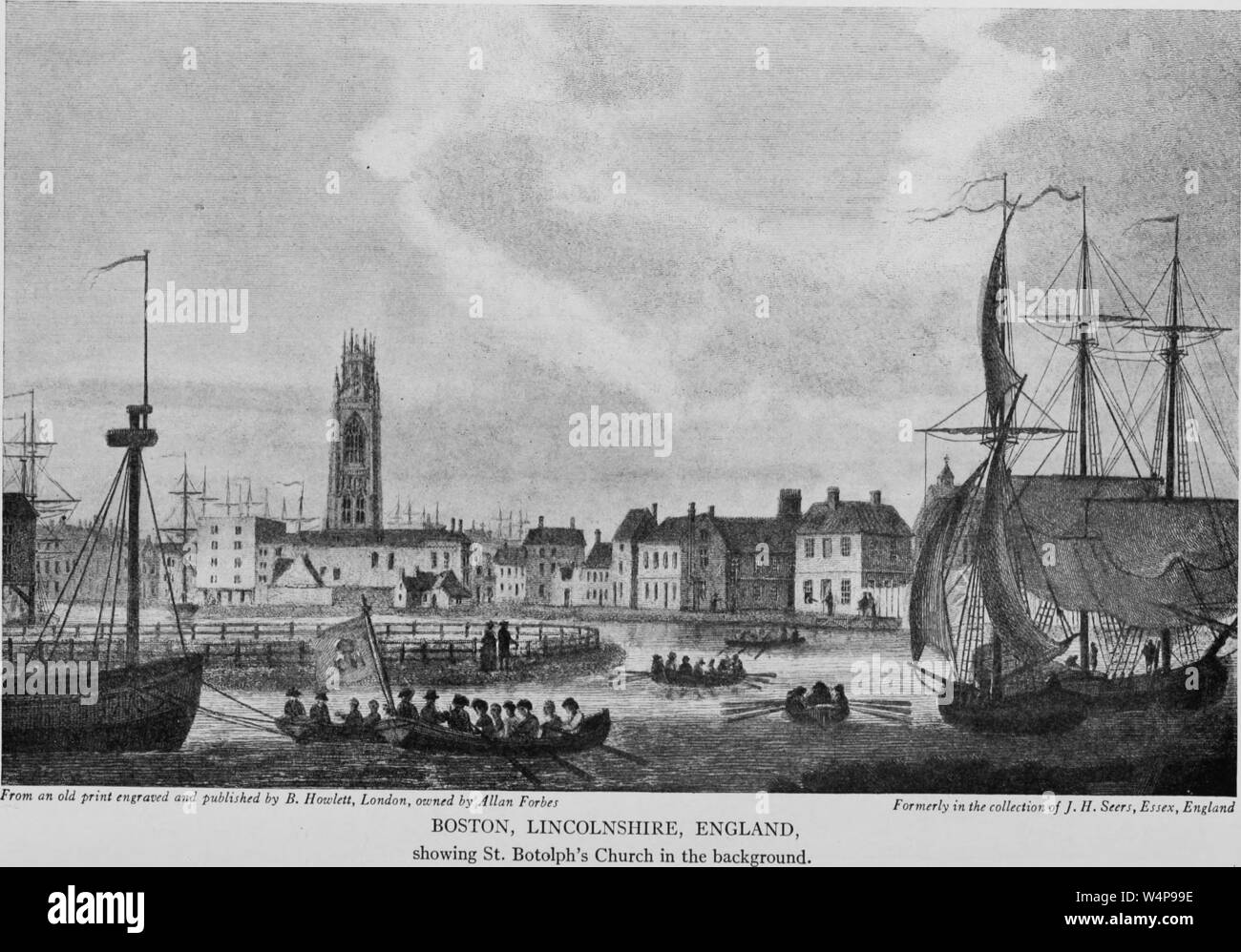 Incisione del porto di Boston in Lincolnshire, Inghilterra, dal libro "città del New England e la vecchia Inghilterra, Irlanda e Scozia " dallo Stato Street Trust Company e Allan Forbes, 1920. La cortesia Internet Archive. () Foto Stock