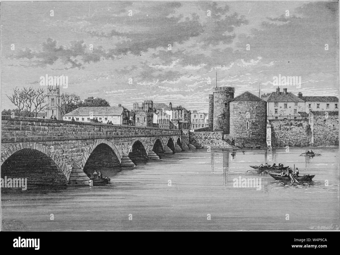 Incisione del ponte di Thomond e King Johns Castle in Limerick, County Limerick, Irlanda, dal libro "La terra e i suoi abitanti " da Elisee Reclus, 1881. La cortesia Internet Archive. () Foto Stock