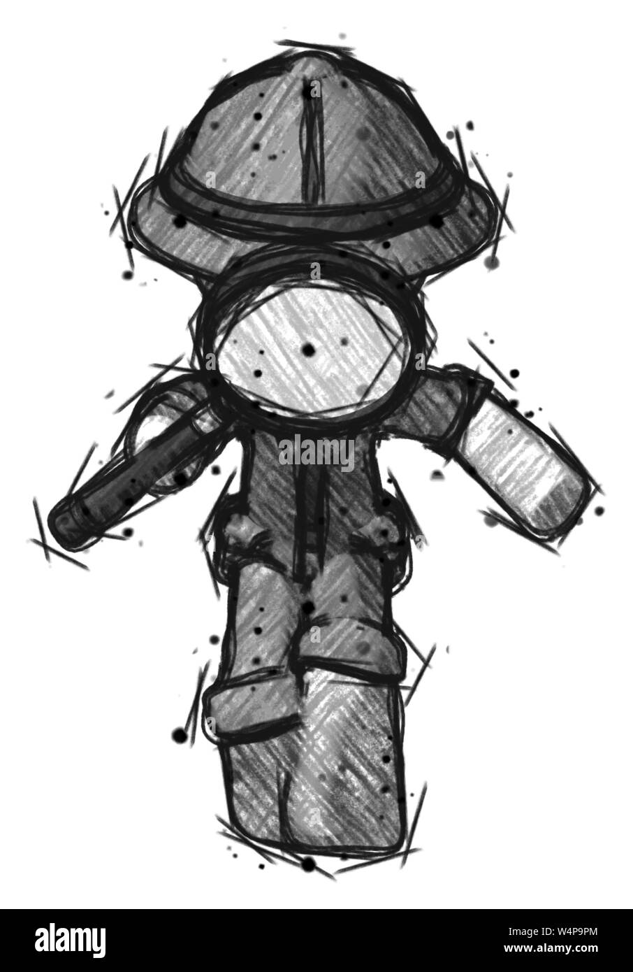 Schizzo explorer ranger uomo che guarda verso il basso attraverso la lente di ingrandimento. Foto Stock