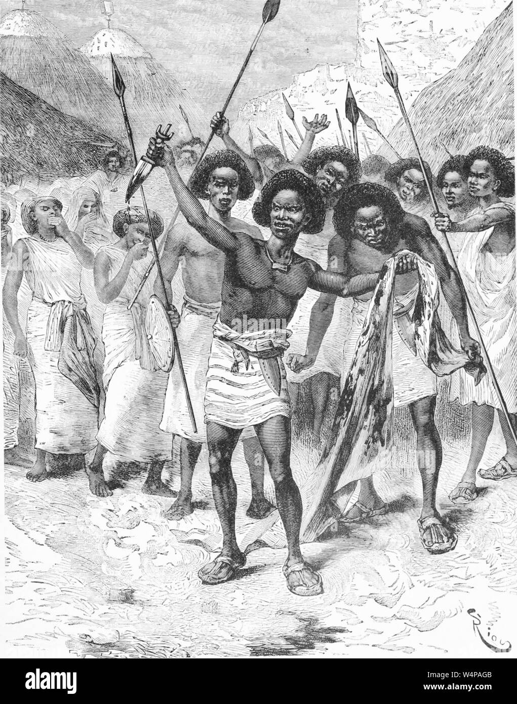 Il disegno inciso del Sudafricano guerrieri Kaffir celebrare una vittoria di battaglia, dal libro "Ridpath della storia universale" di John Clark Ridpath, 1897. La cortesia Internet Archive. () Foto Stock