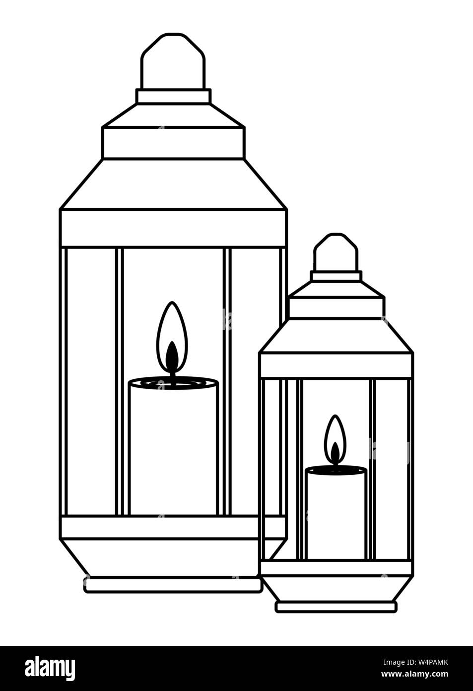 Lanterne di antiquariato con candele cartoon in bianco e nero Illustrazione Vettoriale