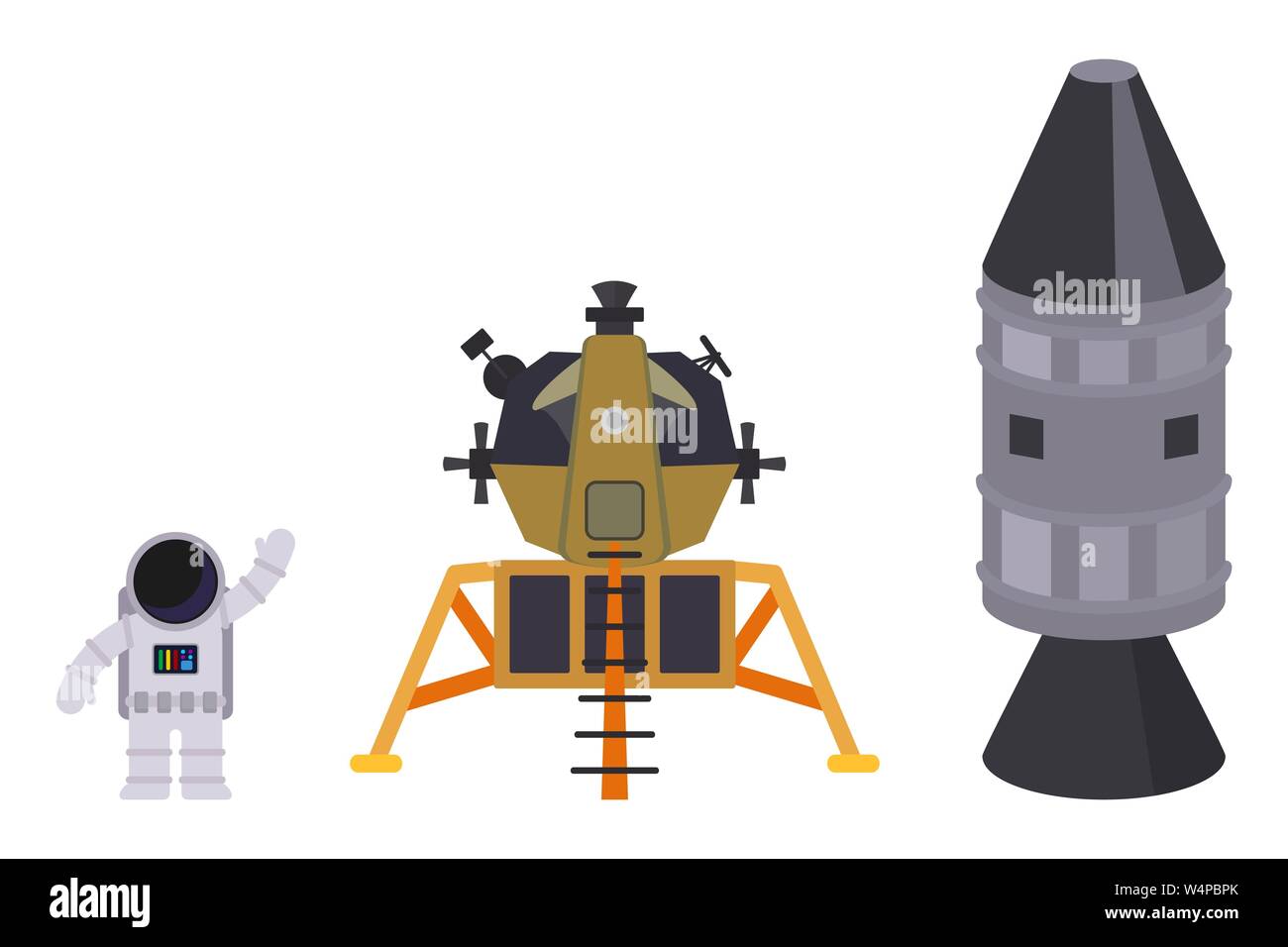 Isolato su sfondo bianco set di oggetti spaziali: astronauta, modulo lunare e rucola. Vettore illustrazione piana. Illustrazione Vettoriale