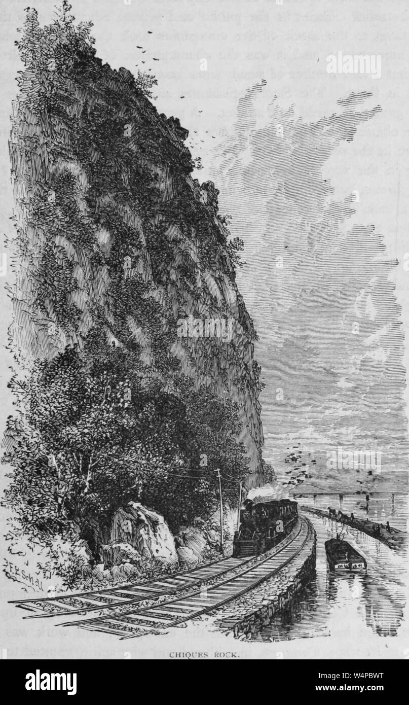 Incisione di Pennsylvania Railroad treno passa Chiques Rock in Lancaster County, Pennsylvania, dal libro "storia industriale degli Stati Uniti " da Albert Sidney Bolles, 1878. La cortesia Internet Archive. () Foto Stock