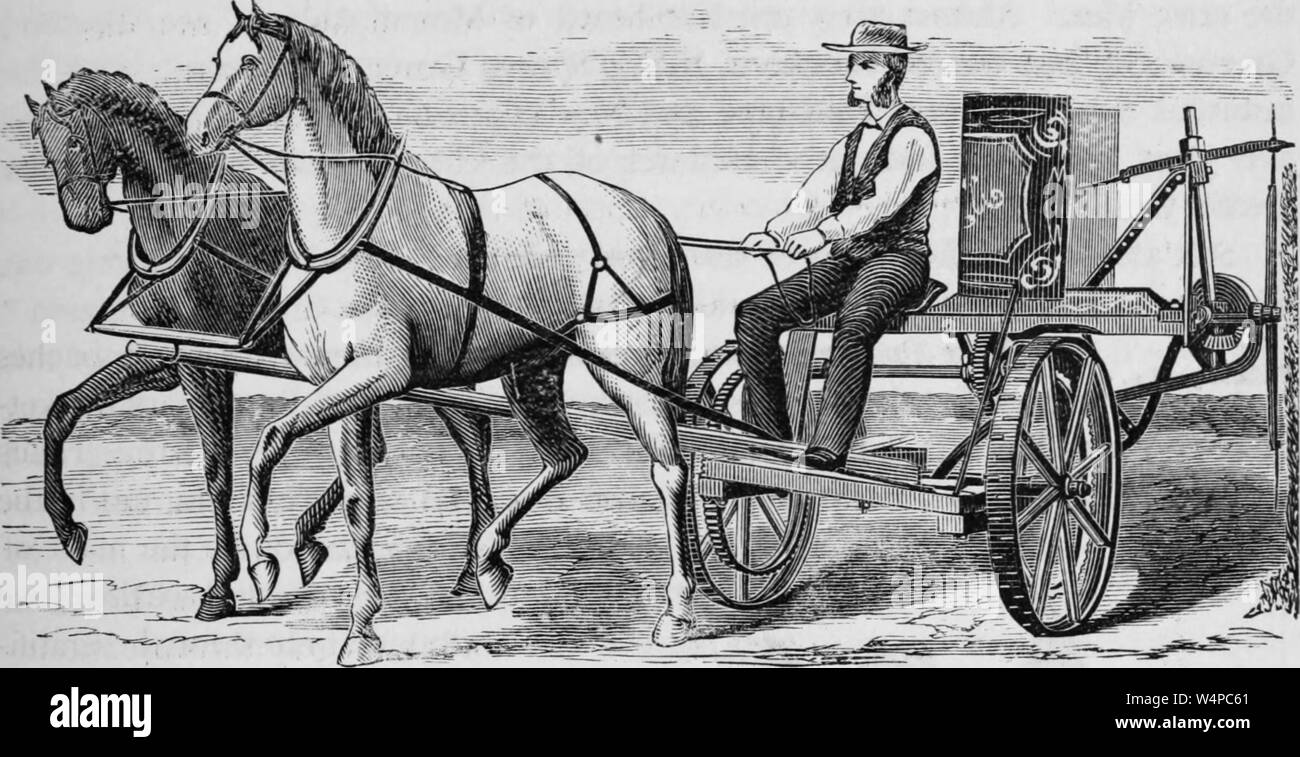 L'incisione dell'uomo operanti tagliasiepi montata sul carro cavalli, dal libro "storia industriale degli Stati Uniti " da Albert Sidney Bolles, 1878. La cortesia Internet Archive. () Foto Stock