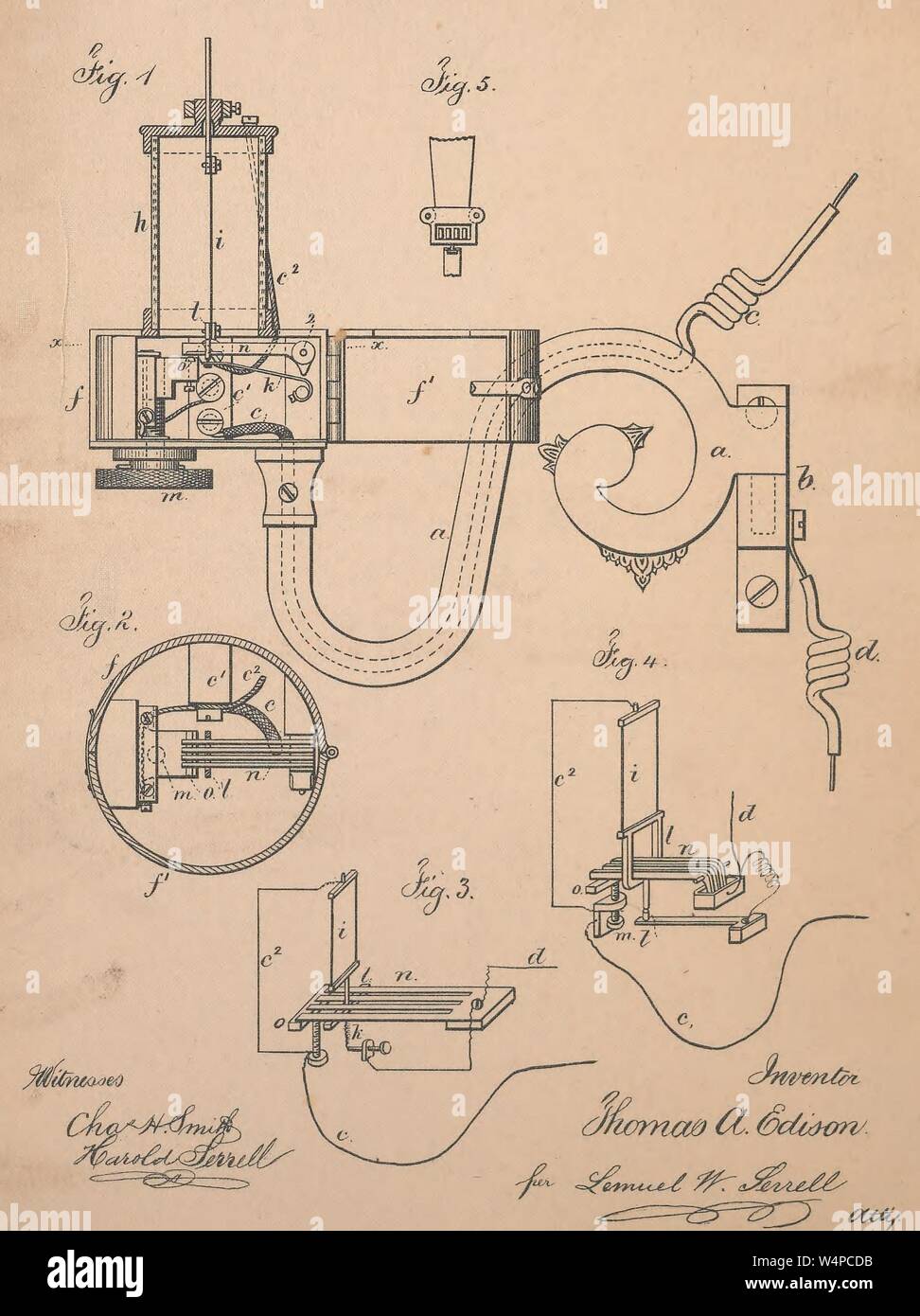 Il disegno inciso del quadro elettrico di un apparecchio di illuminazione da Thomas Edison, dal libro "Raccolta di brevetti degli Stati Uniti ha concesso a Thomas A. Edison' da Thomas Alva Edison, Norris Peters, e William Joseph, 1869. La cortesia Internet Archive. () Foto Stock