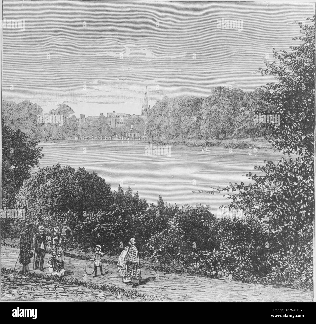 Incisione di Hyde Park e la serpentina, Londra, Inghilterra, dal libro "La terra e i suoi abitanti " da Elisee Reclus, 1881. La cortesia Internet Archive. () Foto Stock