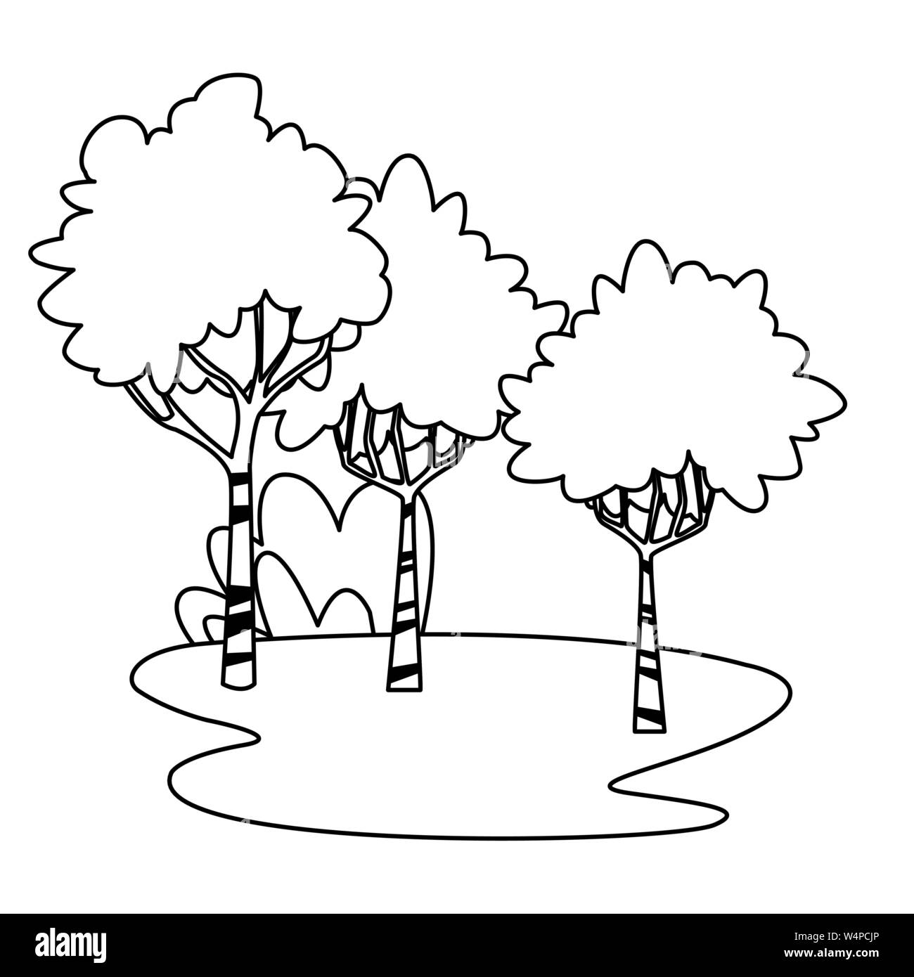 Parco con alberi e cespugli cartoon in bianco e nero Illustrazione Vettoriale