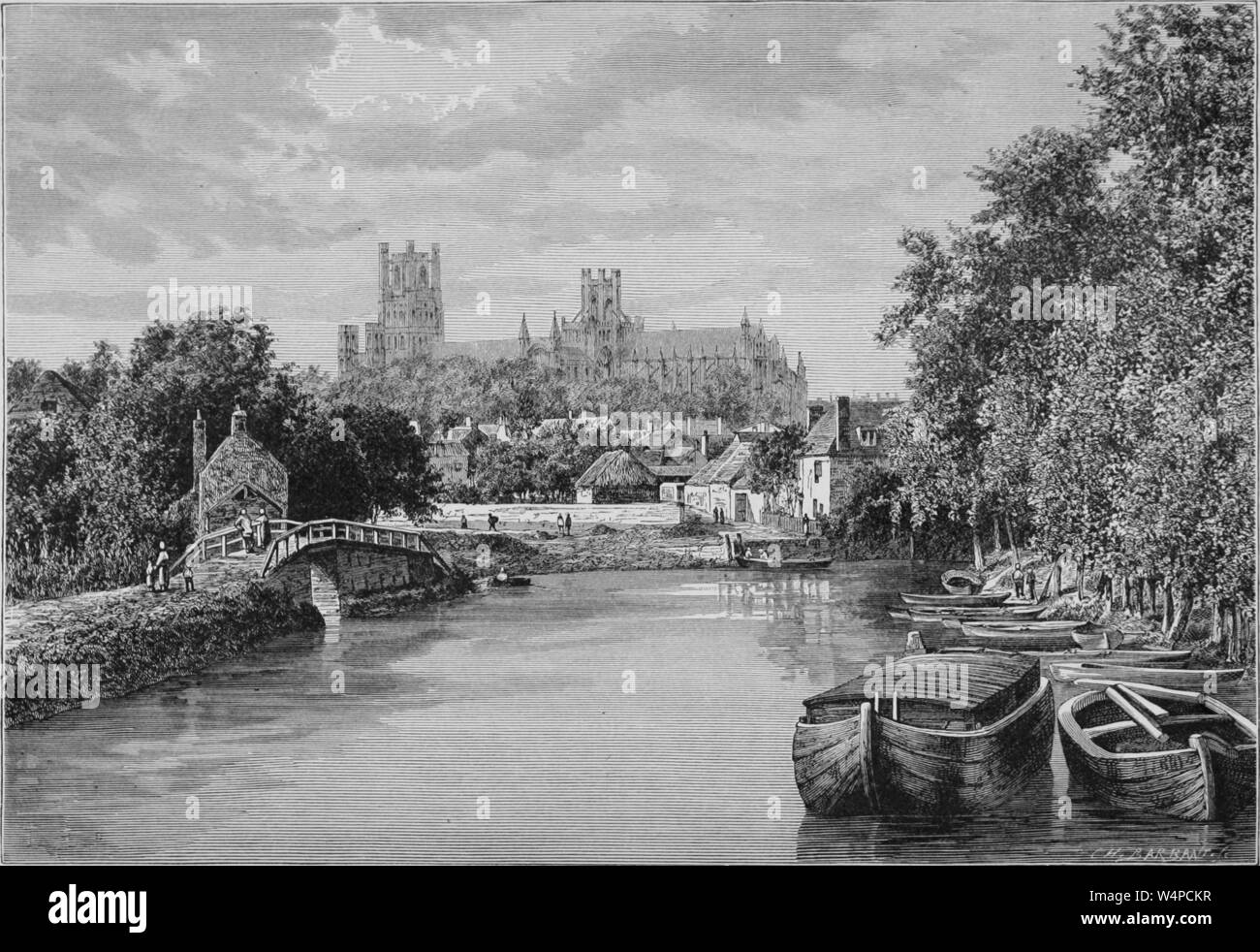 Incisione della Cattedrale di Ely sulle rive del fiume Ouse, Cambridgeshire, Inghilterra, dal libro "La terra e i suoi abitanti " da Elisee Reclus, 1881. La cortesia Internet Archive. () Foto Stock