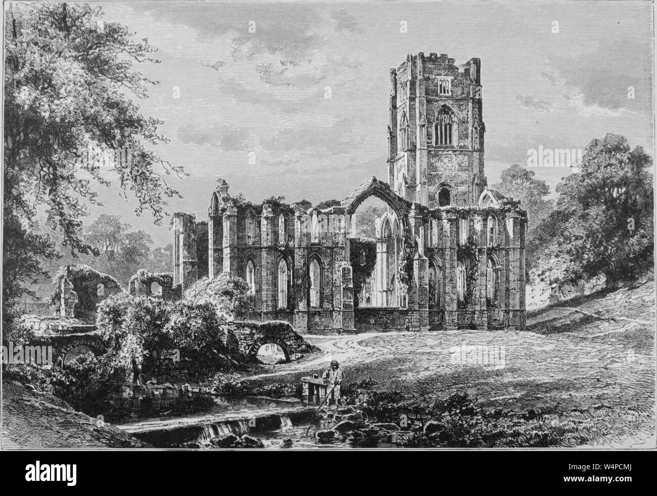 Incisione dei rovinato Fountains Abbey, il monastero cistercense in Inghilterra, dal libro "La terra e i suoi abitanti " da Elisee Reclus, 1881. La cortesia Internet Archive. () Foto Stock